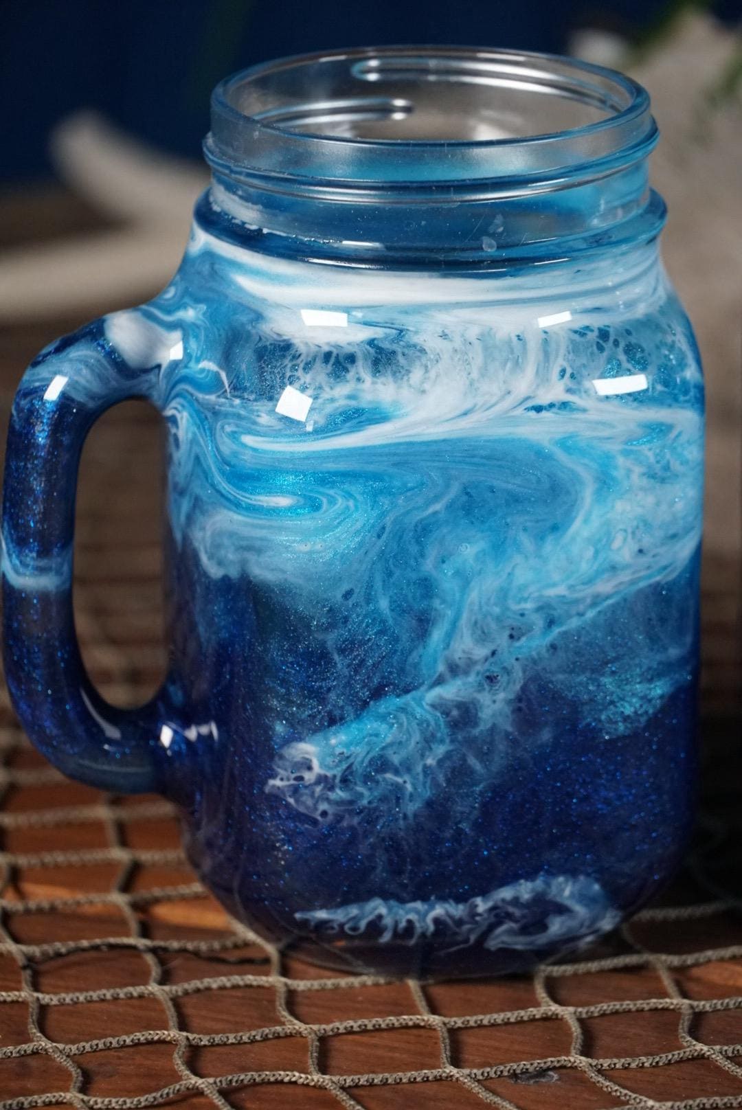 Ocean Waves 16 oz Mason Jar Beverage Glasses with handles | Coastal Decor