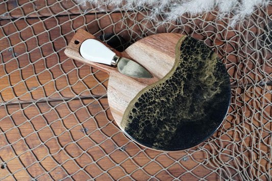 Round wooden Black with Gold Waves Charcuterie boards | Serving Trays