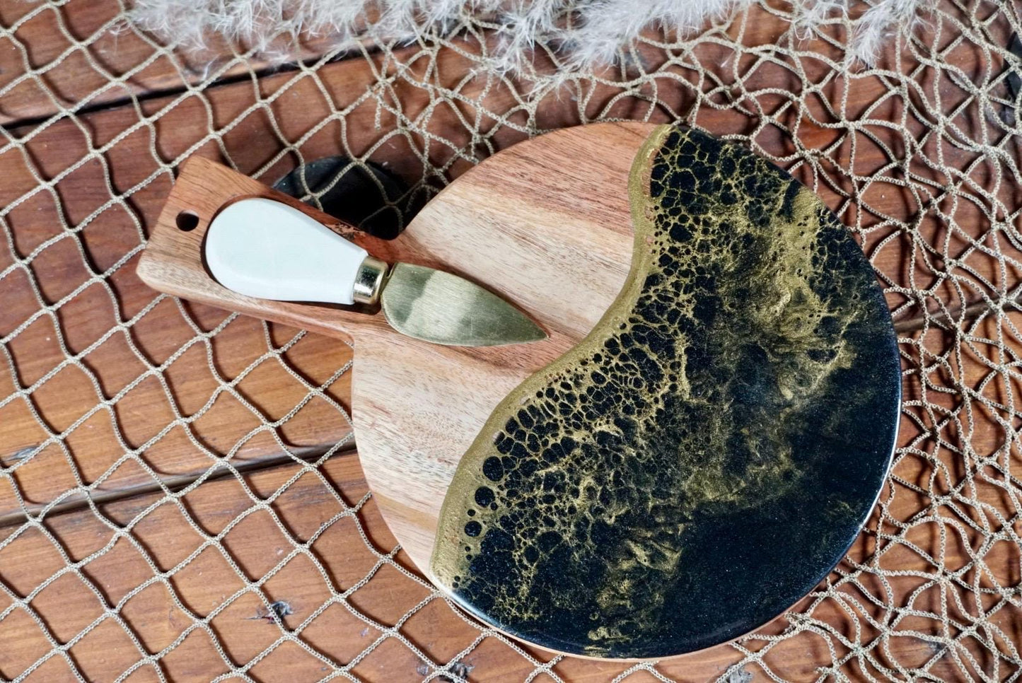 Round wooden Black with Gold Waves Charcuterie boards | Serving Trays