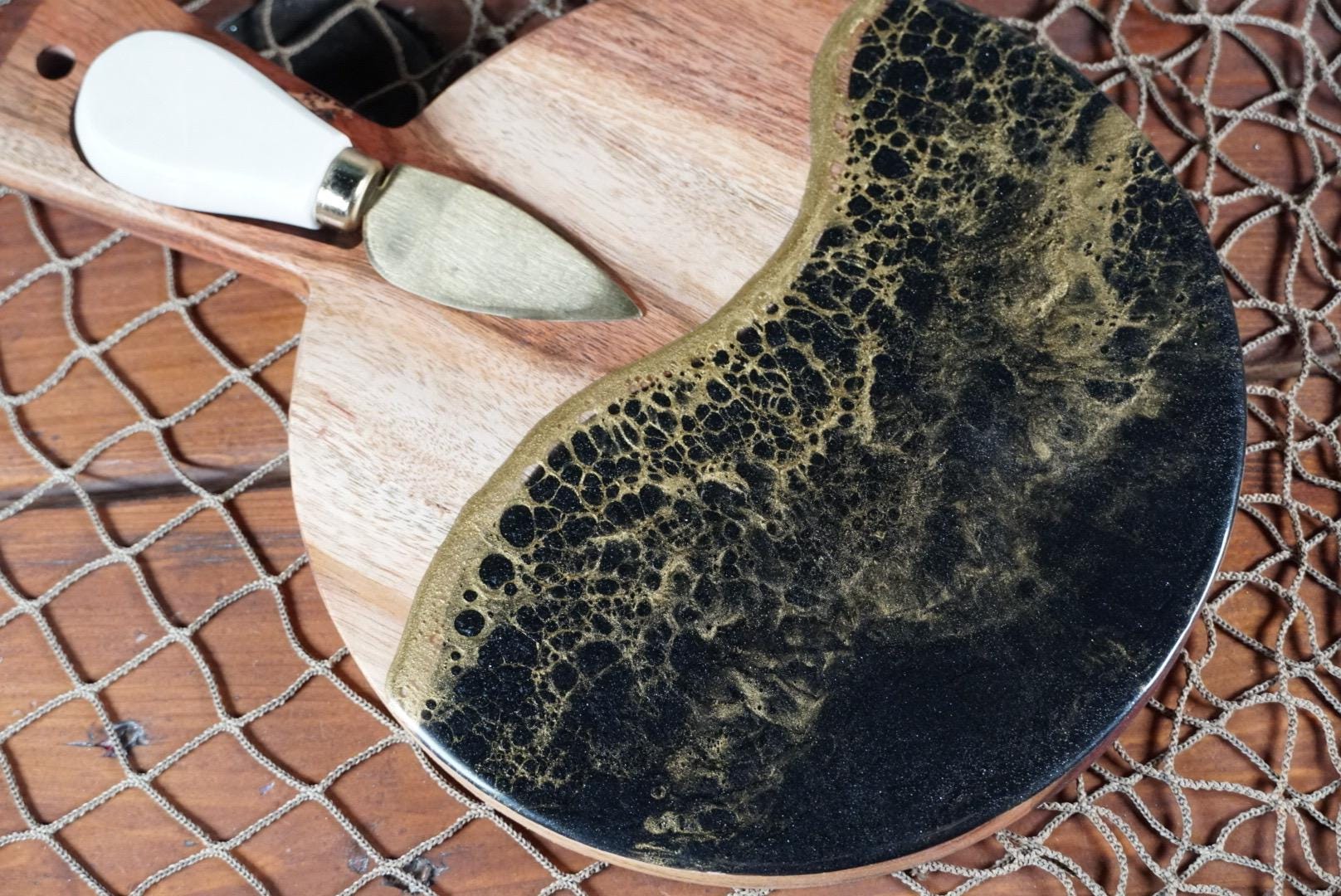 Round wooden Black with Gold Waves Charcuterie boards | Serving Trays