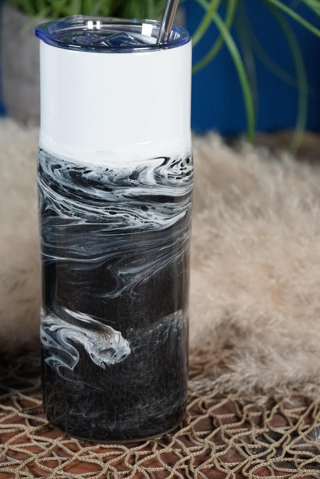 Black and White Waves 20 oz Insulated Drink Tumbler | Coastal Decor