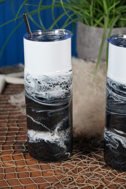 Black and White Waves 20 oz Insulated Drink Tumbler | Coastal Decor