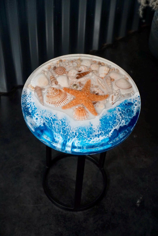 Sea Shell Ocean Waves Accent Table, Side Table, End Table | Epoxy Ocean Table
