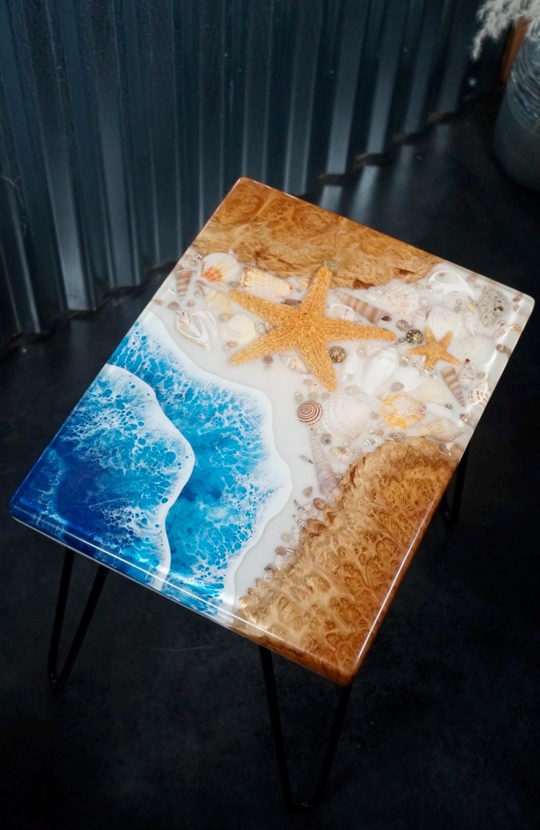 SEA SCAPE MALLEE Epoxy Resin Table with Mallee Burl, Ocean Waves, Sand & Shells | Side Table | End Table | Accent Table