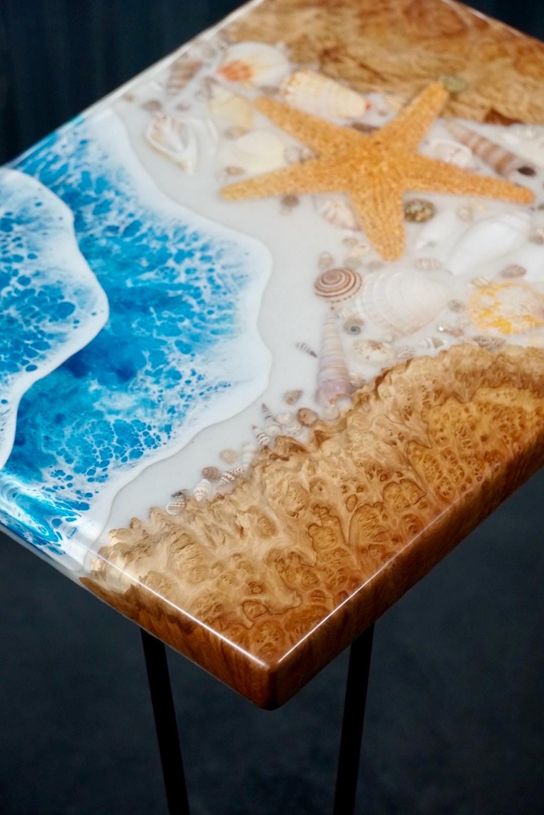 SEA SCAPE MALLEE Epoxy Resin Table with Mallee Burl, Ocean Waves, Sand & Shells | Side Table | End Table | Accent Table