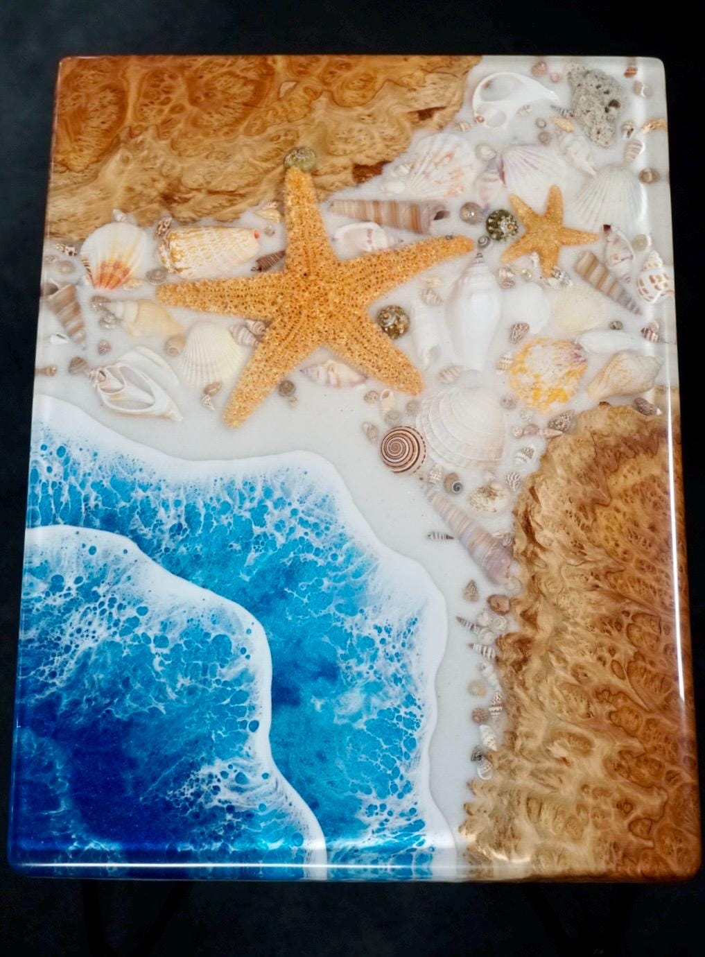 SEA SCAPE MALLEE Epoxy Resin Table with Mallee Burl, Ocean Waves, Sand & Shells | Side Table | End Table | Accent Table