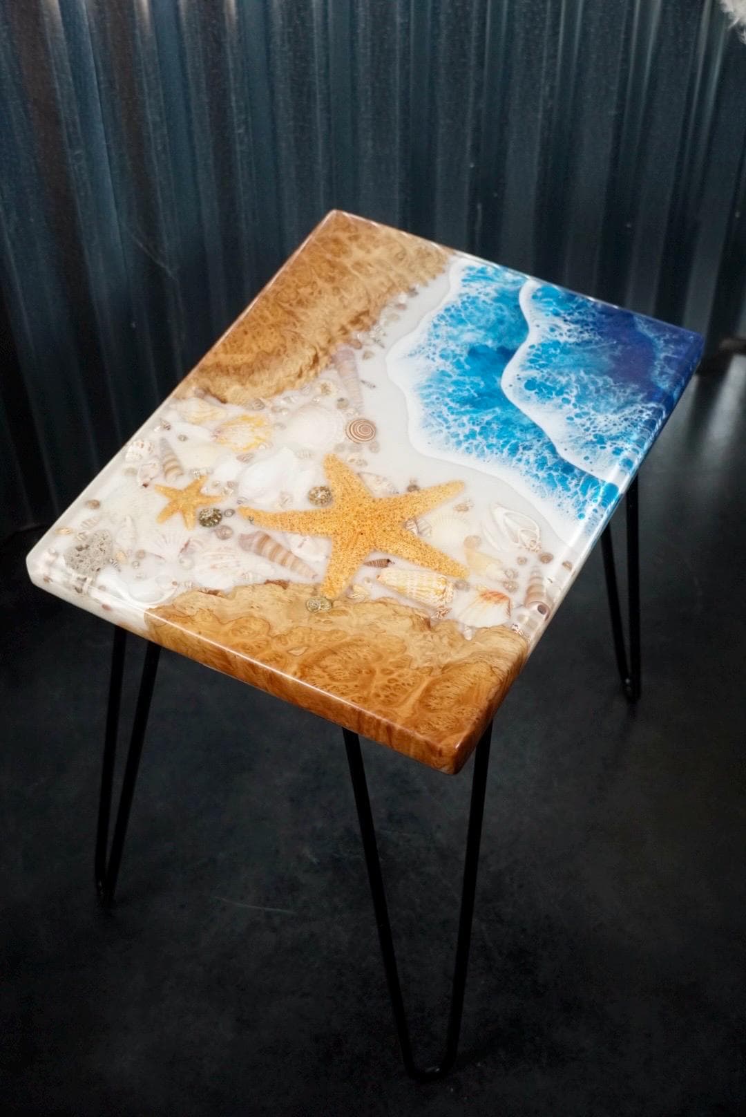 SEA SCAPE MALLEE Epoxy Resin Table with Mallee Burl, Ocean Waves, Sand & Shells | Side Table | End Table | Accent Table