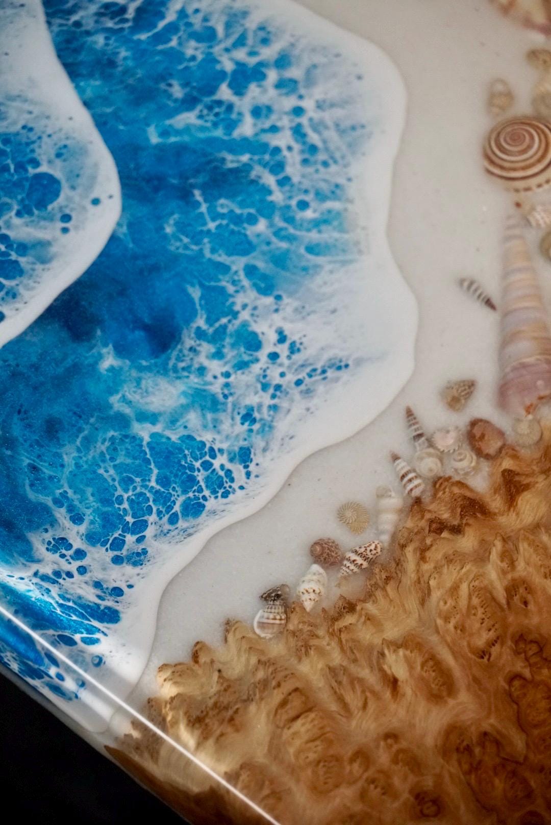 SEA SCAPE MALLEE Epoxy Resin Table with Mallee Burl, Ocean Waves, Sand & Shells | Side Table | End Table | Accent Table