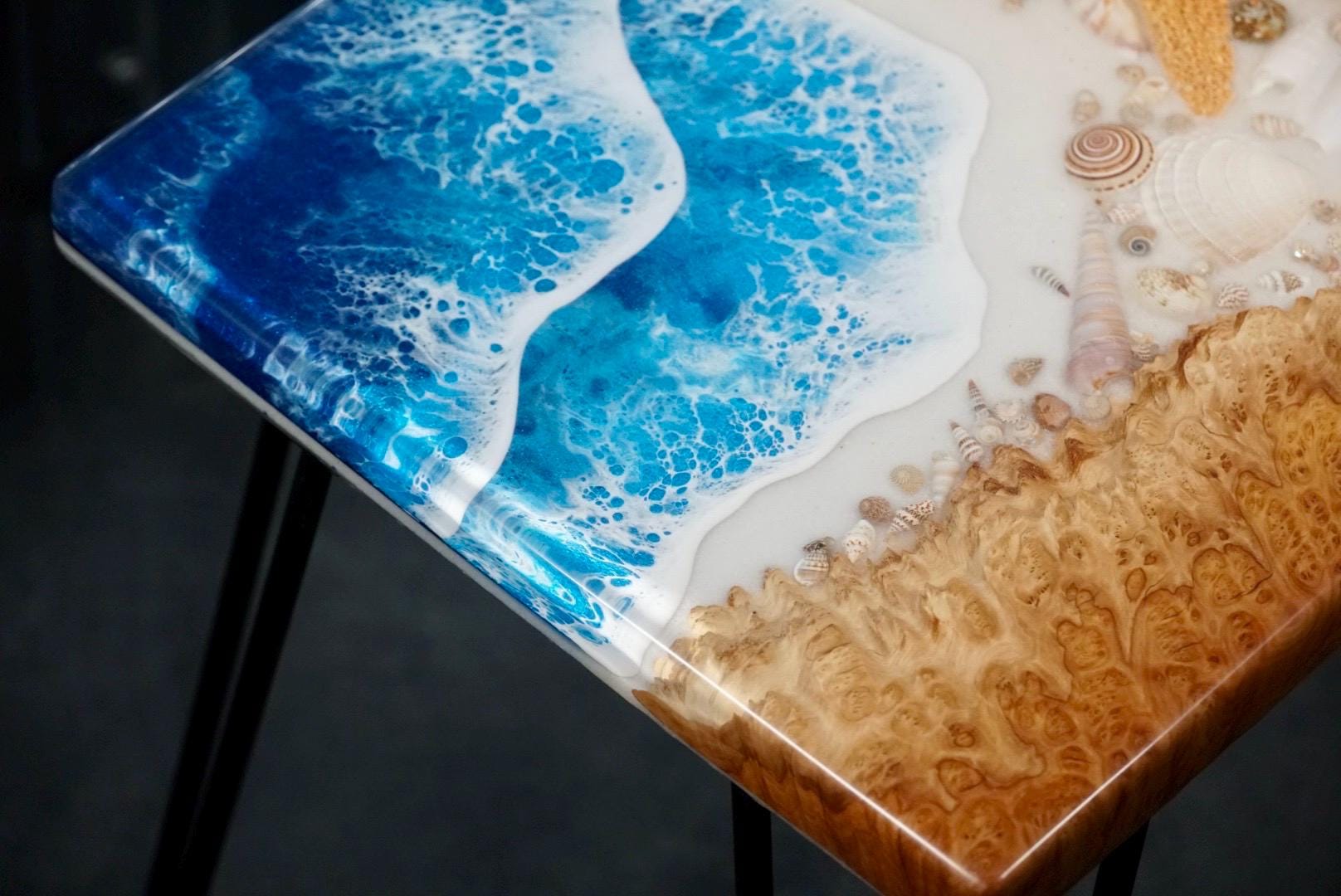 SEA SCAPE MALLEE Epoxy Resin Table with Mallee Burl, Ocean Waves, Sand & Shells | Side Table | End Table | Accent Table