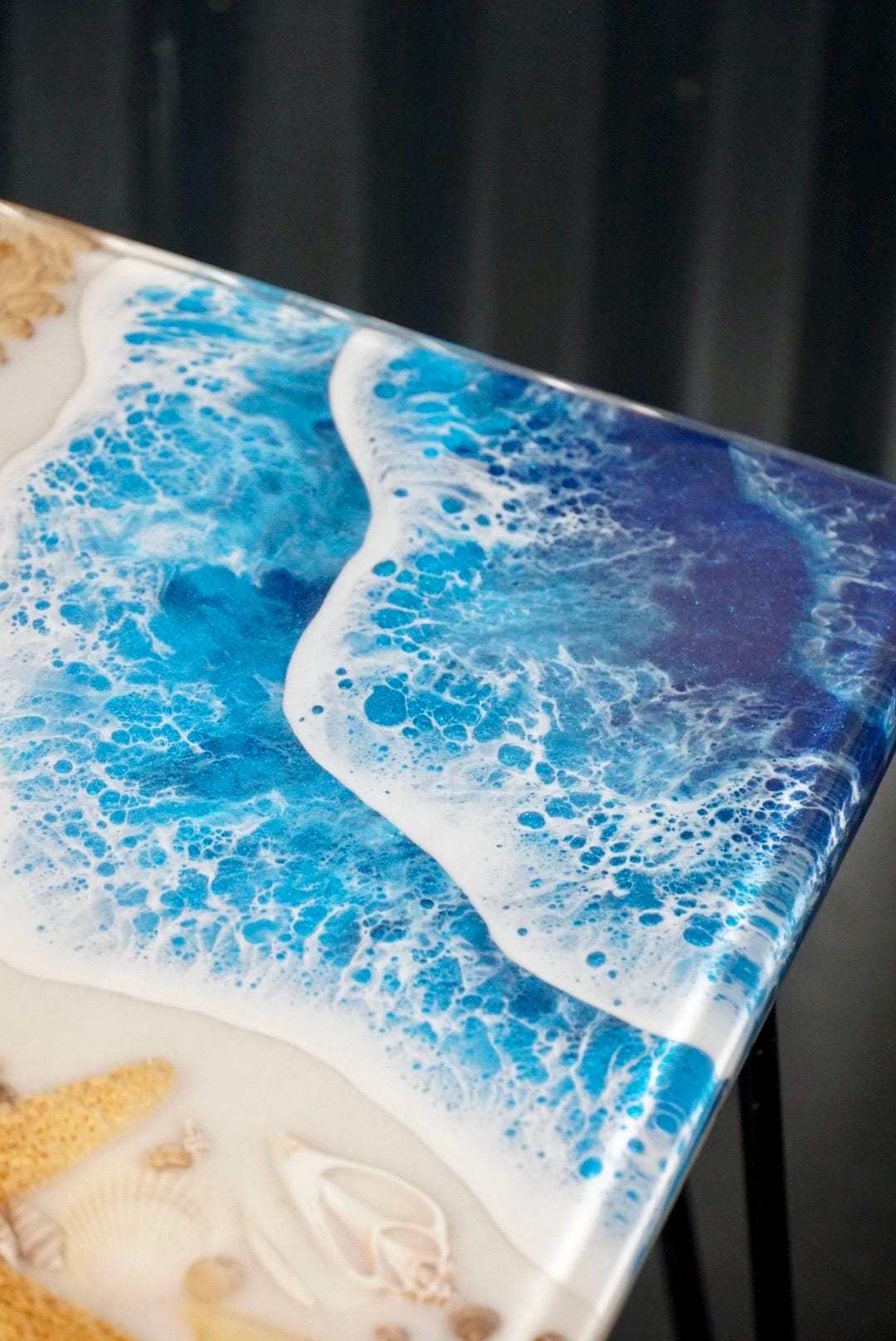 SEA SCAPE MALLEE Epoxy Resin Table with Mallee Burl, Ocean Waves, Sand & Shells | Side Table | End Table | Accent Table