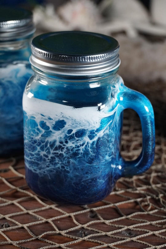 Ocean Waves 16 oz Mason Jar Beverage Glasses with handles |Coastal Decor