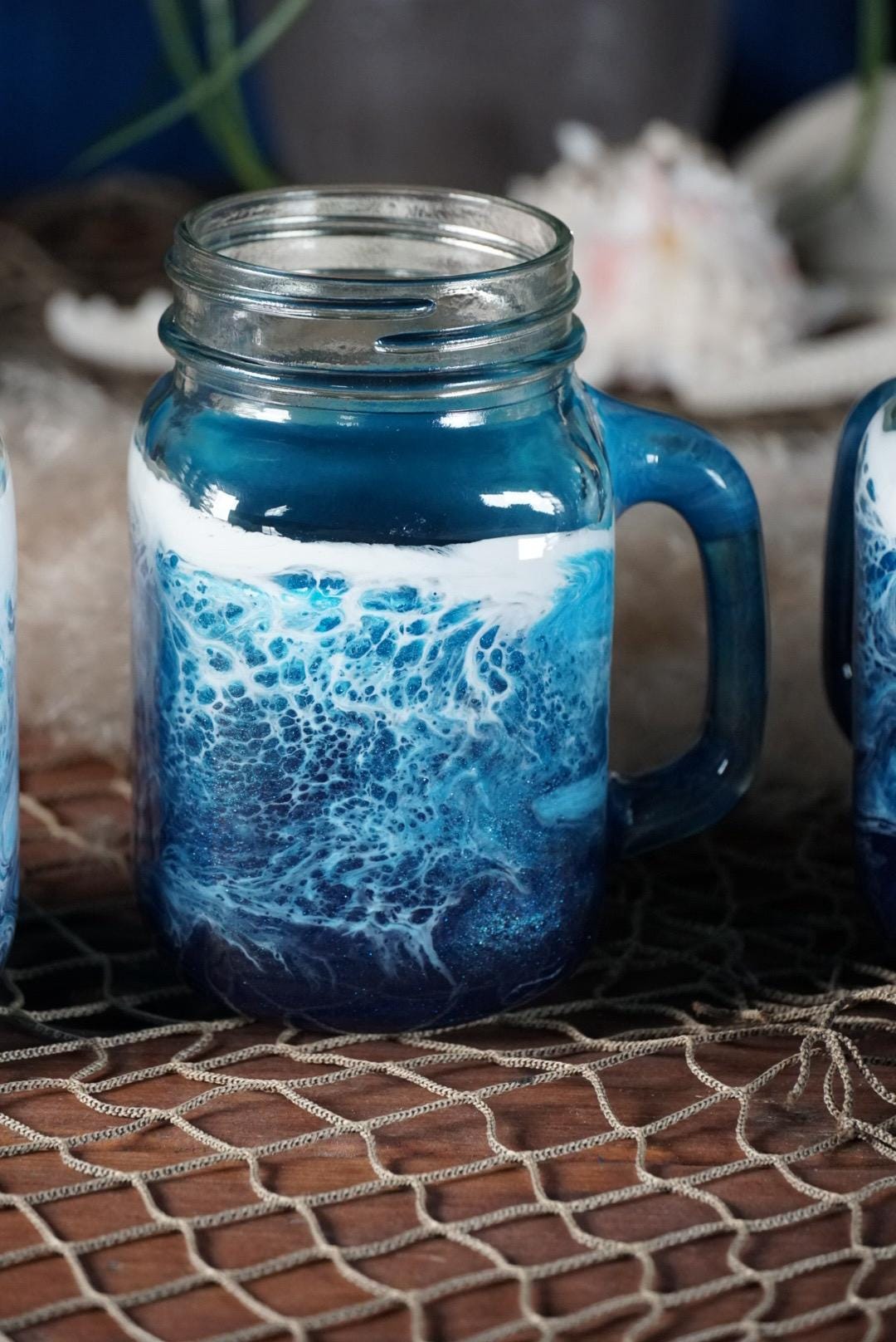 Ocean Waves 16 oz Mason Jar Beverage Glasses with handles |Coastal Decor