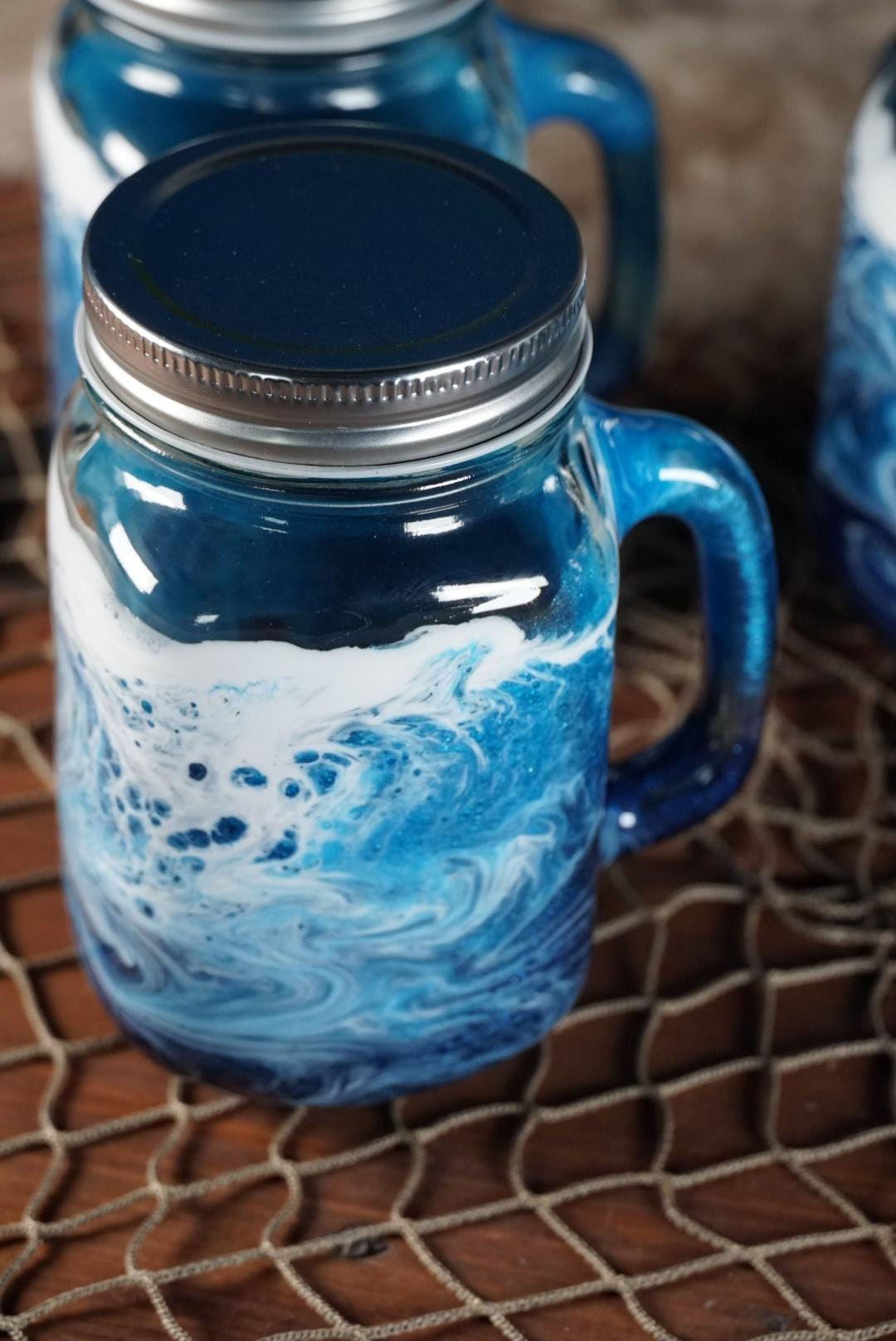 Ocean Waves 16 oz Mason Jar Beverage Glasses with handles |Coastal Decor