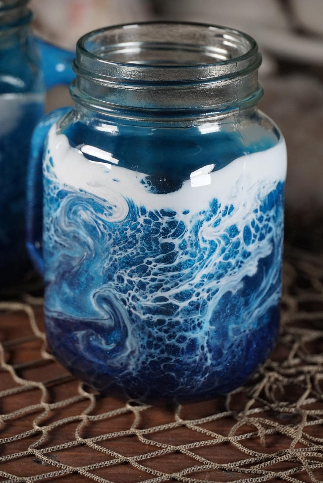 Ocean Waves 16 oz Mason Jar Beverage Glasses with handles |Coastal Decor