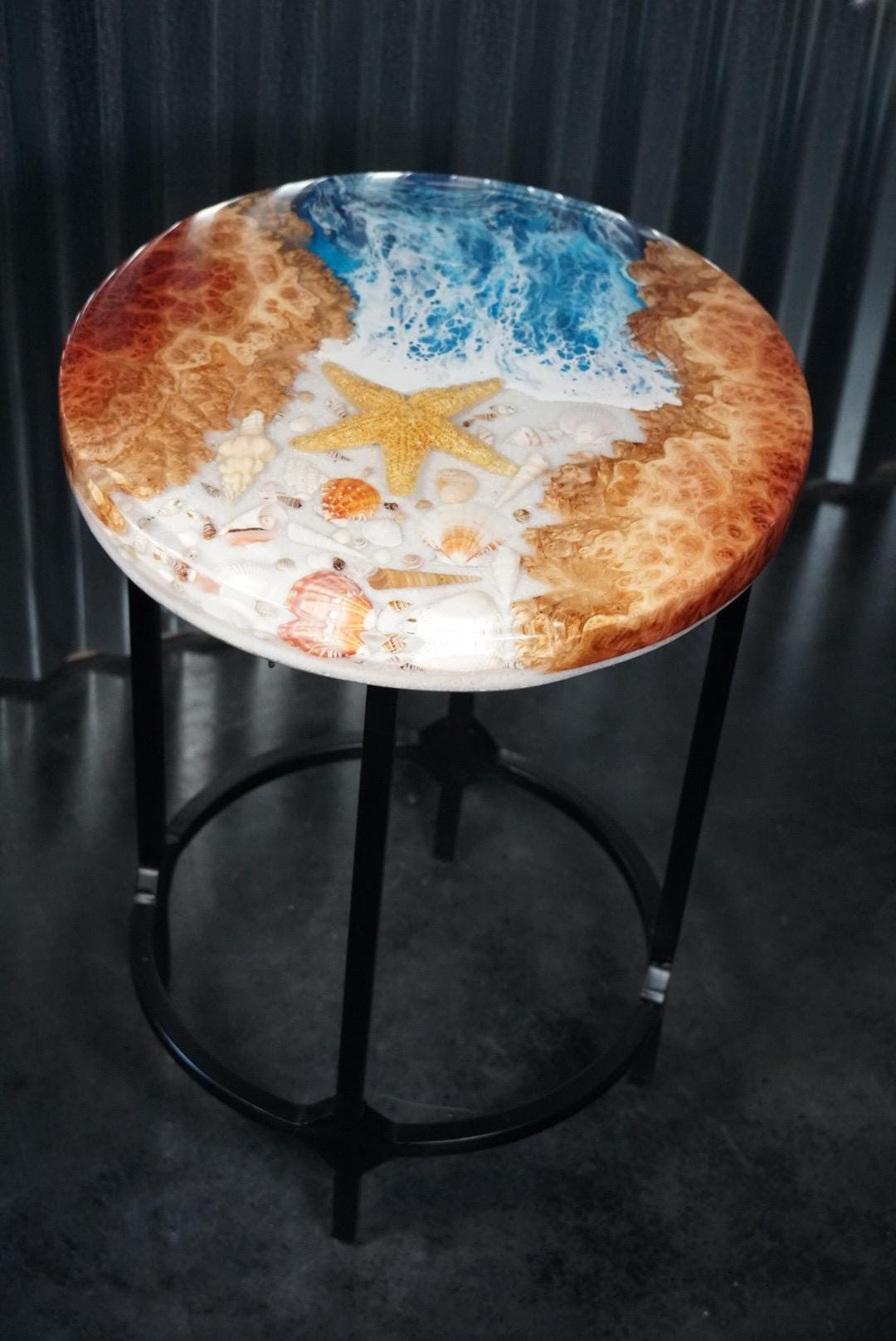 SEA SCAPE MALLEE Epoxy Resin Round Table with Mallee Burl, Ocean Waves, Sand & Shells | Side Table | End Table | Accent Table