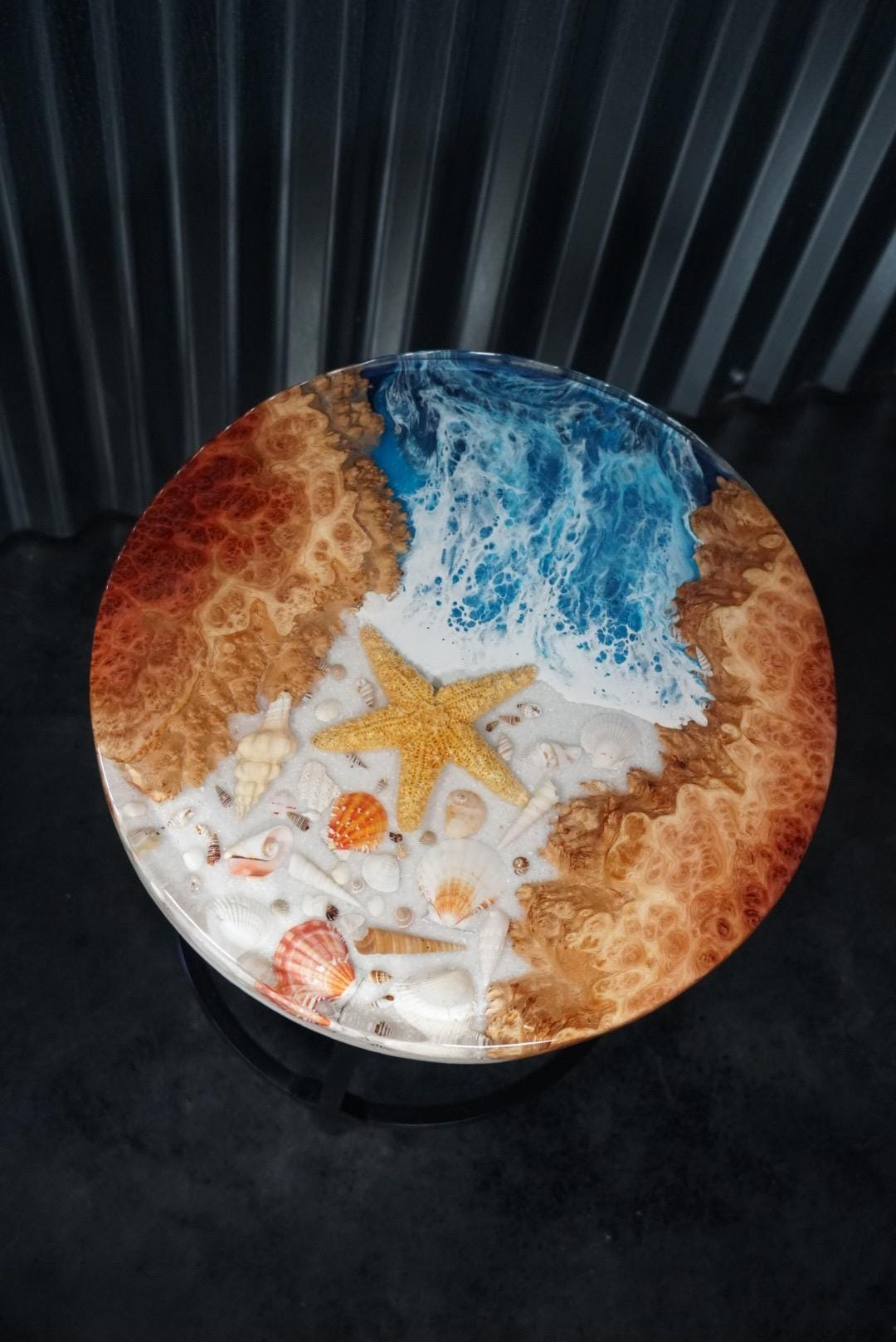 SEA SCAPE MALLEE Epoxy Resin Round Table with Mallee Burl, Ocean Waves, Sand & Shells | Side Table | End Table | Accent Table