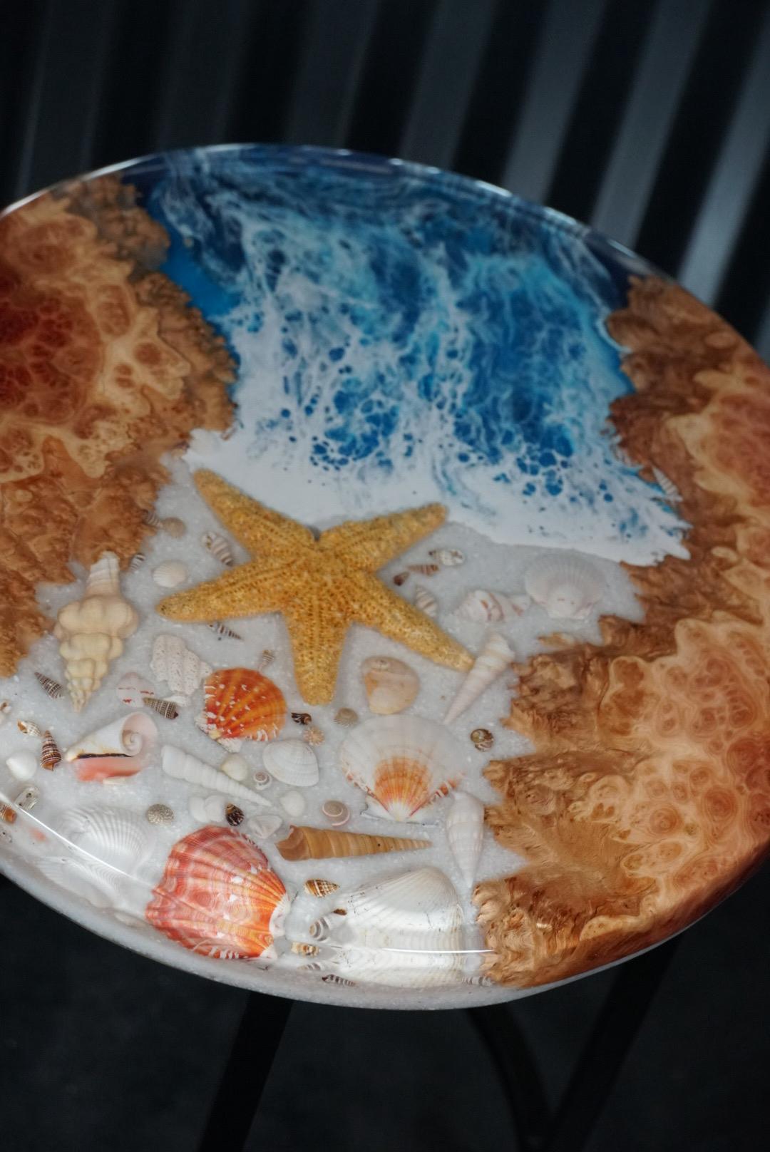 SEA SCAPE MALLEE Epoxy Resin Round Table with Mallee Burl, Ocean Waves, Sand & Shells | Side Table | End Table | Accent Table