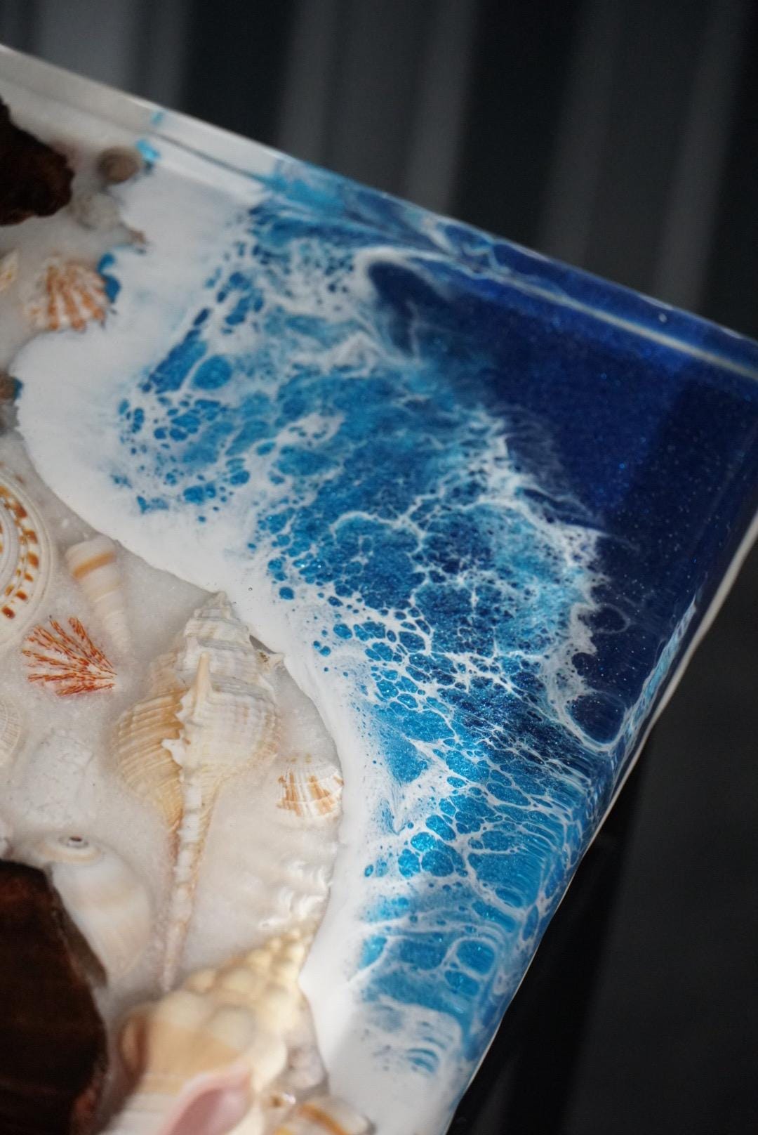 SEA SCAPE BURL Epoxy Resin Table with Walnut Burl, Ocean Waves, Sand & Shells | Side Table | End Table | Accent Table