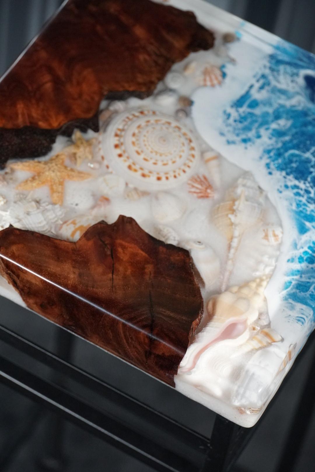 SEA SCAPE BURL Epoxy Resin Table with Walnut Burl, Ocean Waves, Sand & Shells | Side Table | End Table | Accent Table