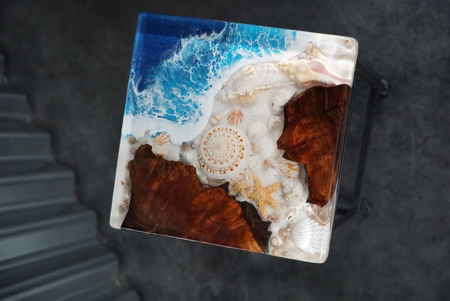 SEA SCAPE BURL Epoxy Resin Table with Walnut Burl, Ocean Waves, Sand & Shells | Side Table | End Table | Accent Table