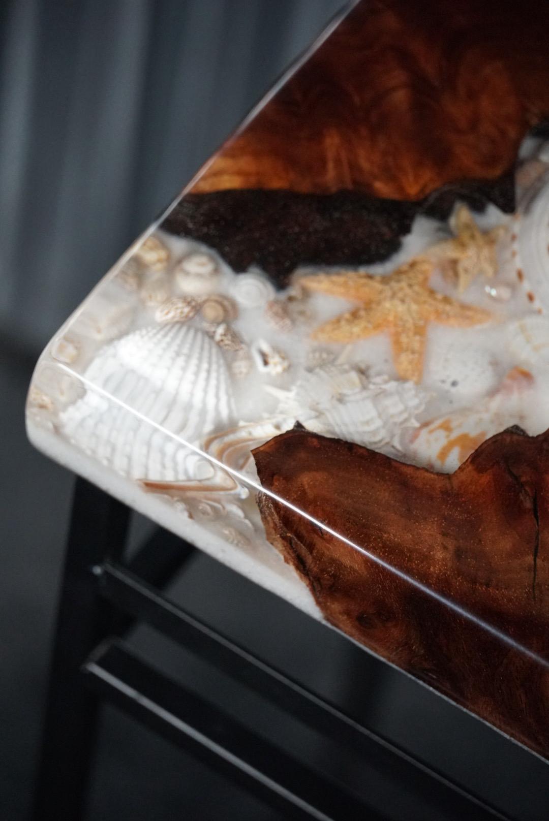 SEA SCAPE BURL Epoxy Resin Table with Walnut Burl, Ocean Waves, Sand & Shells | Side Table | End Table | Accent Table