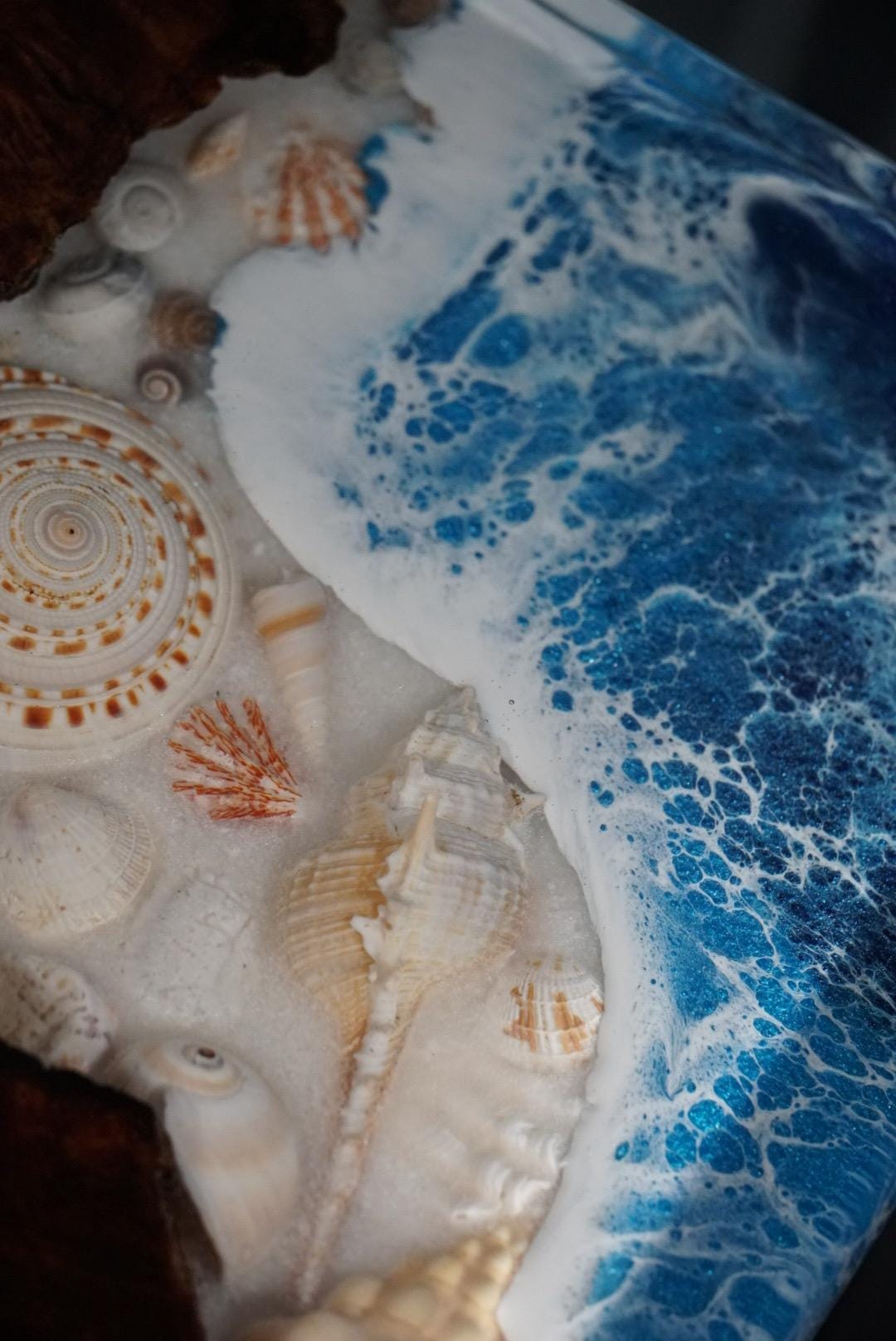 SEA SCAPE BURL Epoxy Resin Table with Walnut Burl, Ocean Waves, Sand & Shells | Side Table | End Table | Accent Table