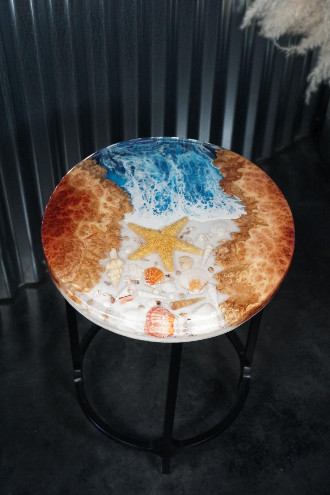 SEA SCAPE MALLEE Epoxy Resin Round Table with Mallee Burl, Ocean Waves, Sand & Shells | Side Table | End Table | Accent Table
