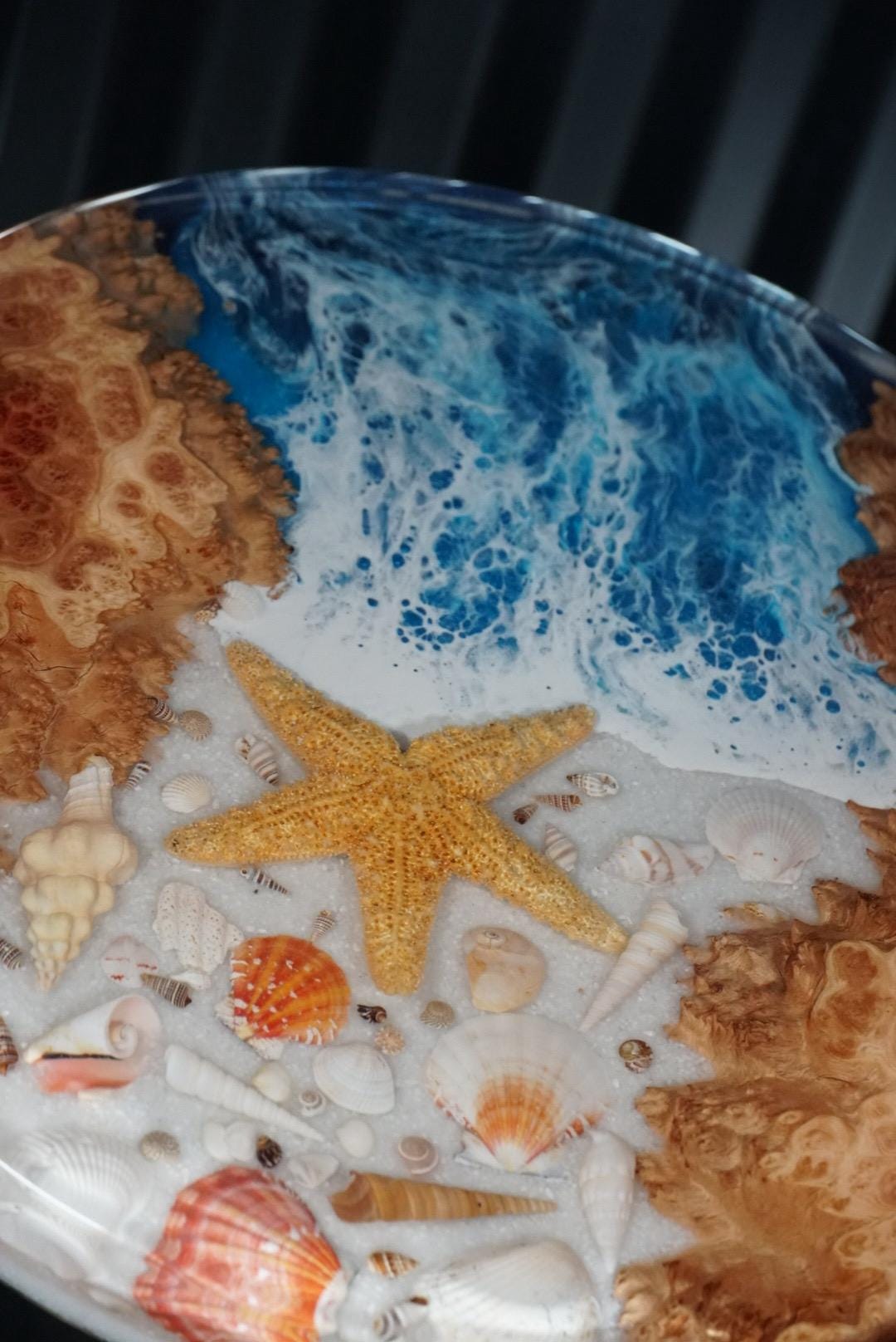 SEA SCAPE MALLEE Epoxy Resin Round Table with Mallee Burl, Ocean Waves, Sand & Shells | Side Table | End Table | Accent Table