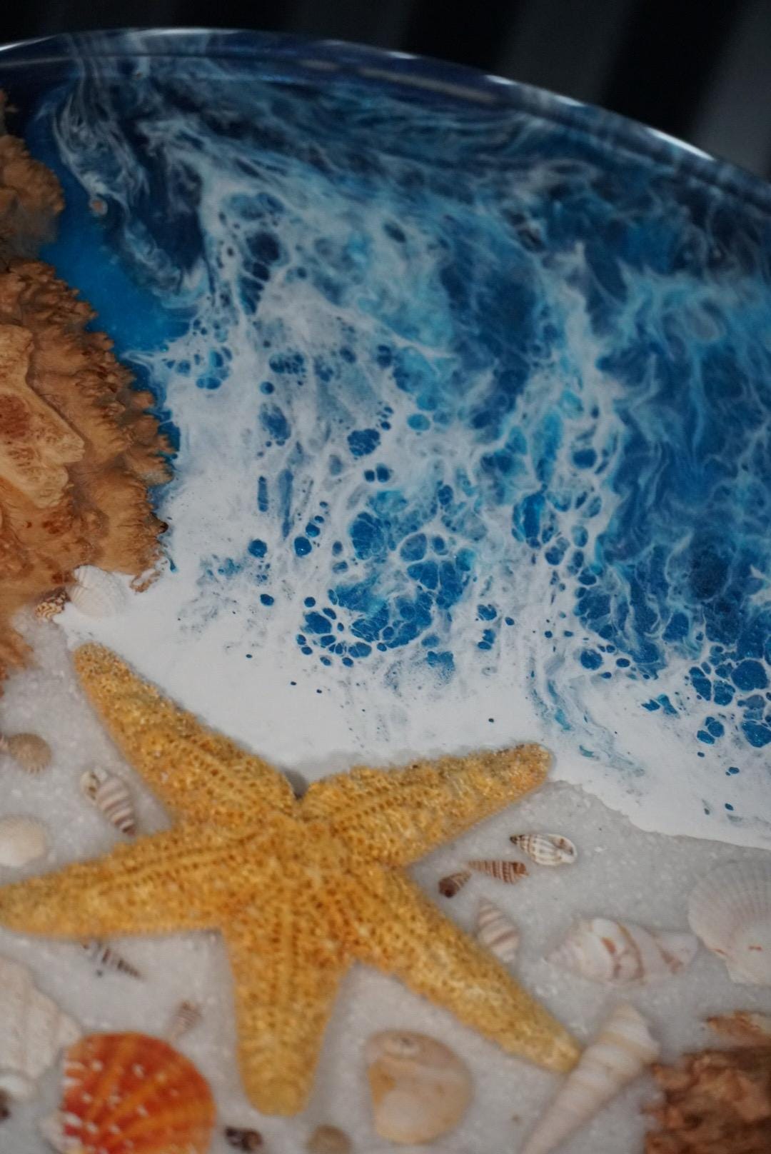 SEA SCAPE MALLEE Epoxy Resin Round Table with Mallee Burl, Ocean Waves, Sand & Shells | Side Table | End Table | Accent Table