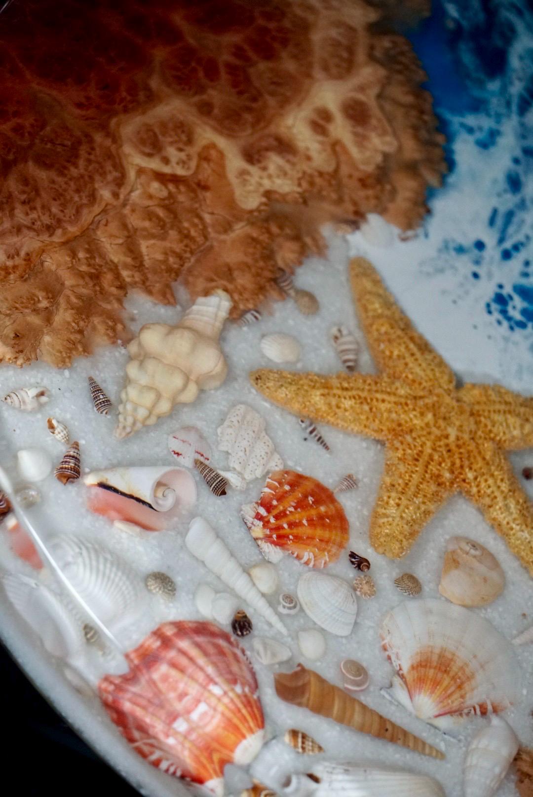 SEA SCAPE MALLEE Epoxy Resin Round Table with Mallee Burl, Ocean Waves, Sand & Shells | Side Table | End Table | Accent Table