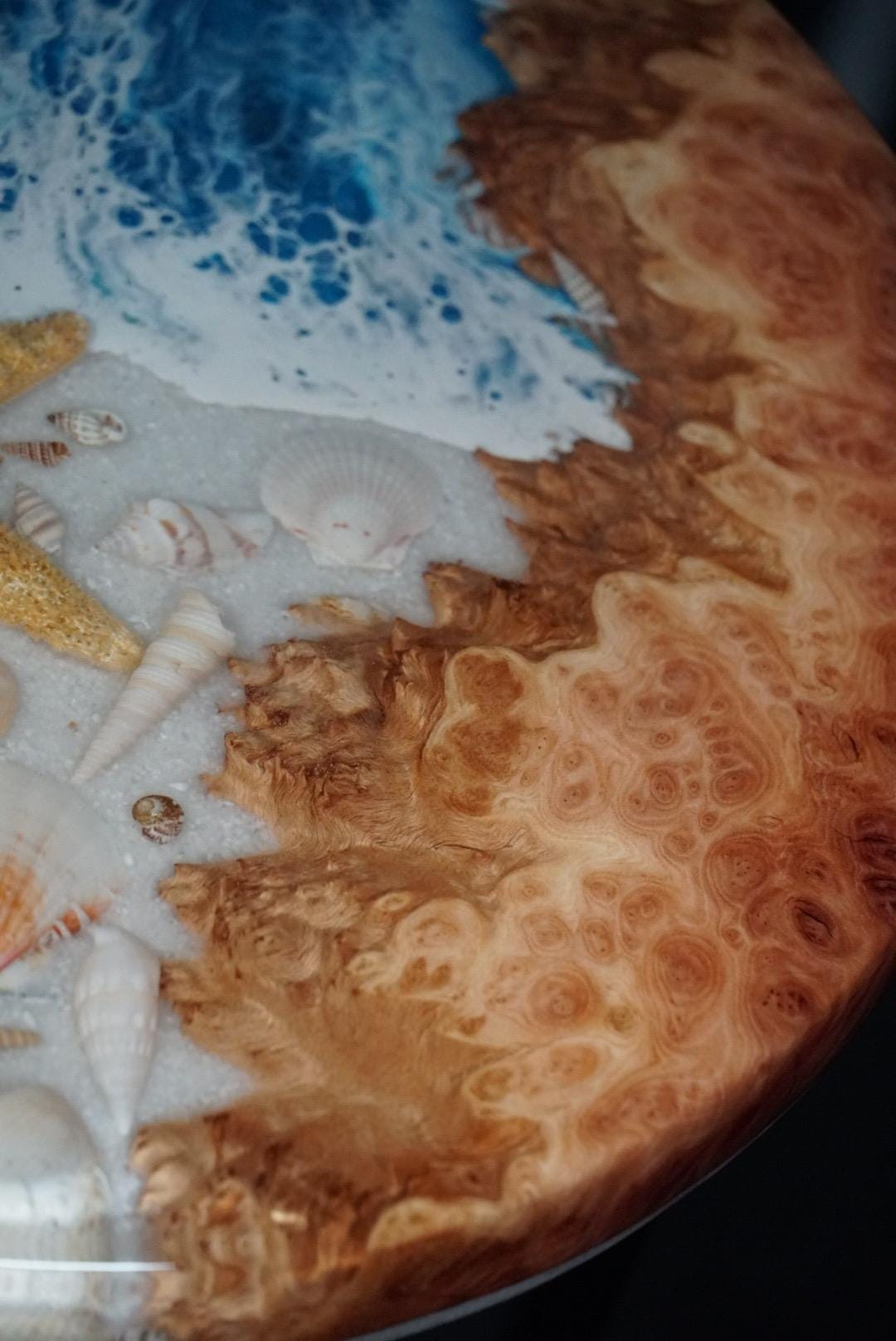 SEA SCAPE MALLEE Epoxy Resin Round Table with Mallee Burl, Ocean Waves, Sand & Shells | Side Table | End Table | Accent Table