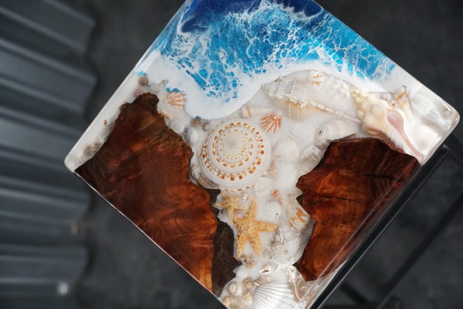 SEA SCAPE BURL Epoxy Resin Table with Walnut Burl, Ocean Waves, Sand & Shells | Side Table | End Table | Accent Table