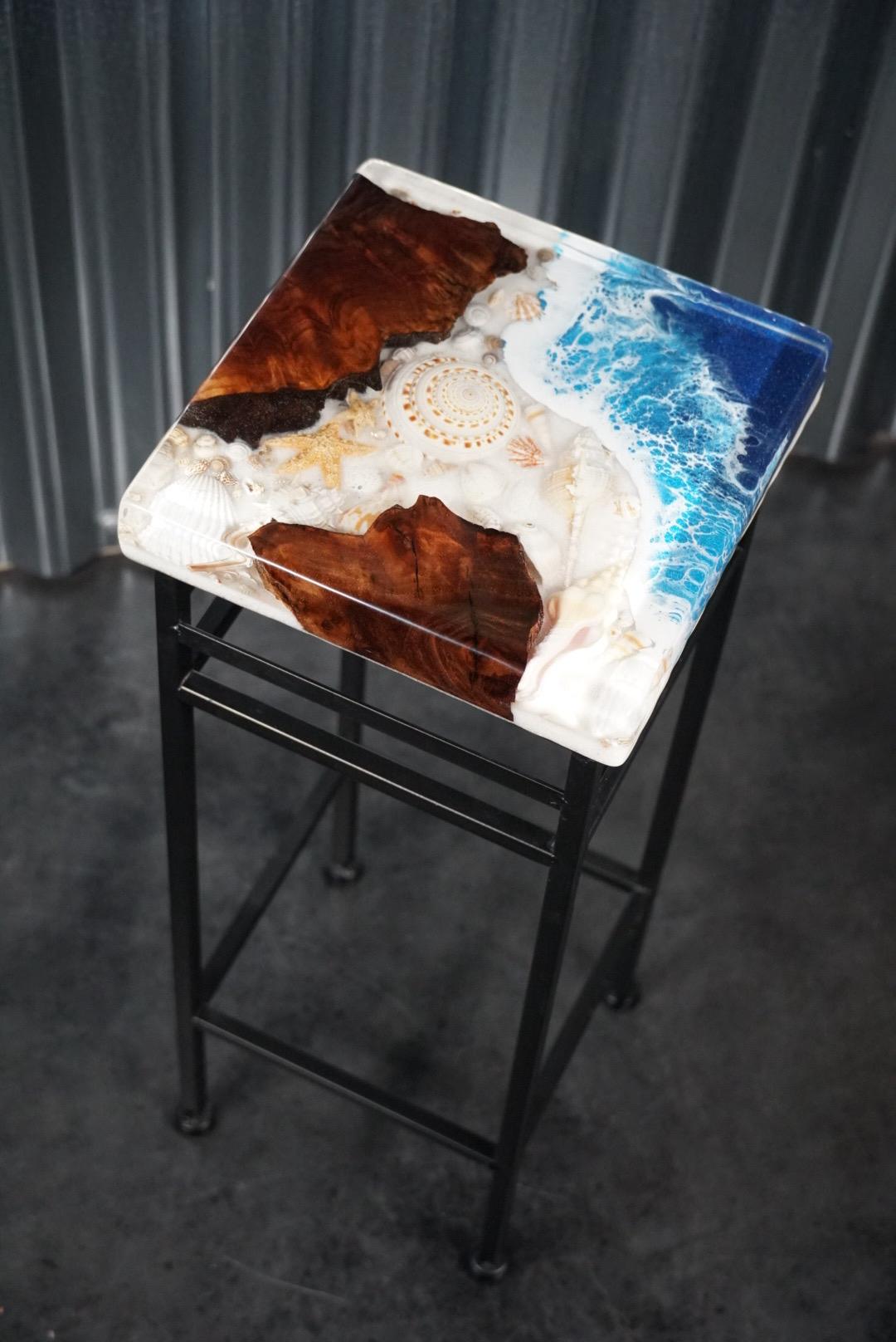 SEA SCAPE BURL Epoxy Resin Table with Walnut Burl, Ocean Waves, Sand & Shells | Side Table | End Table | Accent Table