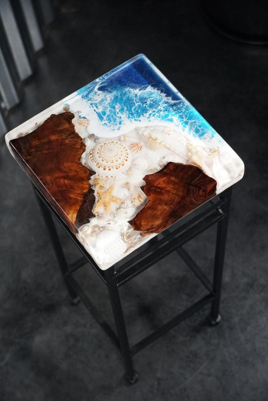 SEA SCAPE BURL Epoxy Resin Table with Walnut Burl, Ocean Waves, Sand & Shells | Side Table | End Table | Accent Table