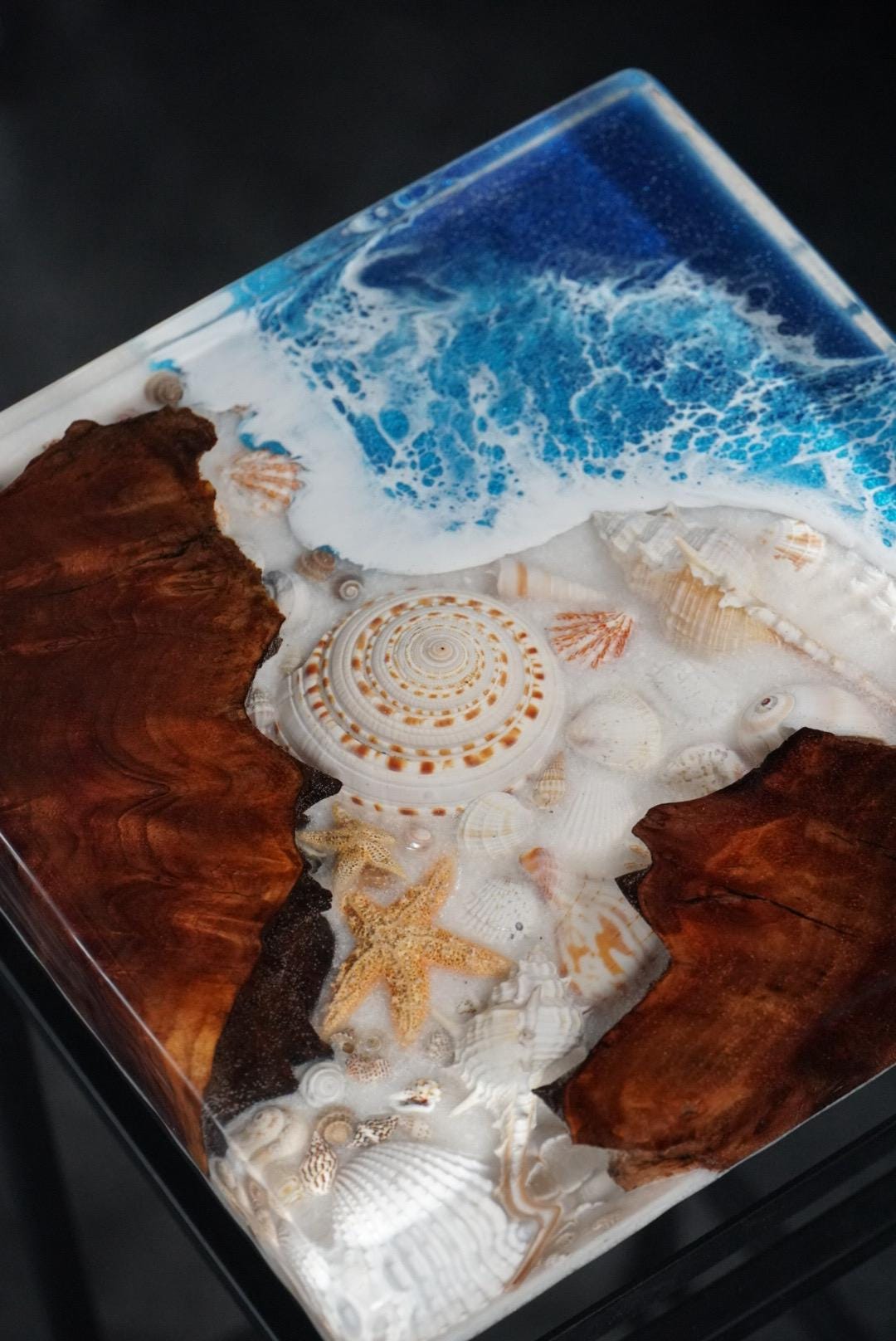SEA SCAPE BURL Epoxy Resin Table with Walnut Burl, Ocean Waves, Sand & Shells | Side Table | End Table | Accent Table