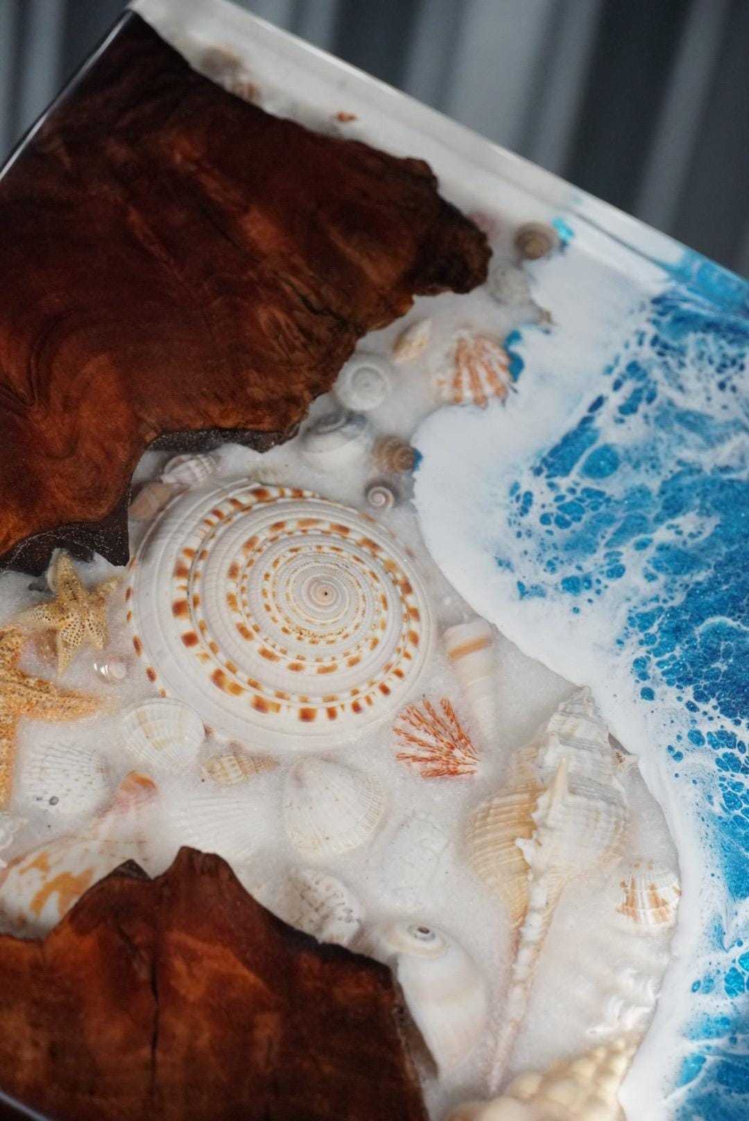 SEA SCAPE BURL Epoxy Resin Table with Walnut Burl, Ocean Waves, Sand & Shells | Side Table | End Table | Accent Table