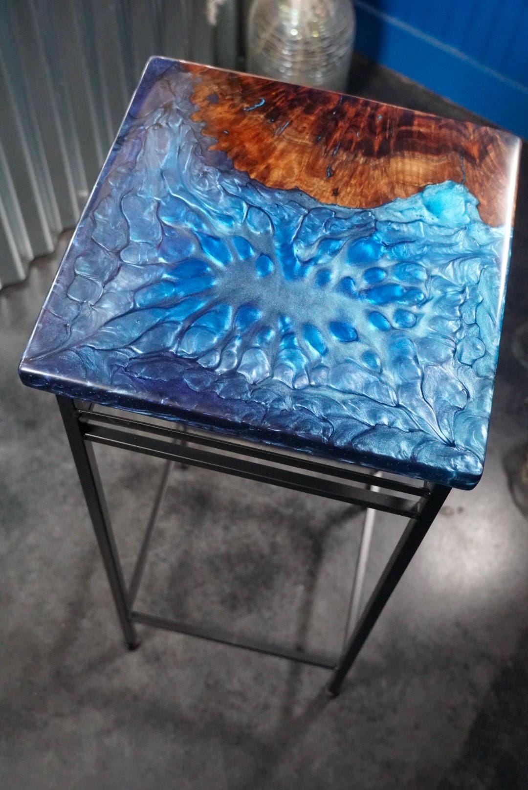 BLUE BURL Epoxy Resin Table with Walnut Burl | Side Table | End Table | Accent Table