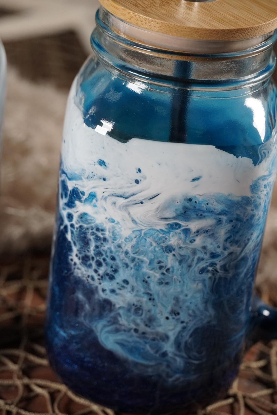 Ocean Waves 24 oz Mason Jar Beverage Glass with handle and bamboo lid with straw | Coastal Decor