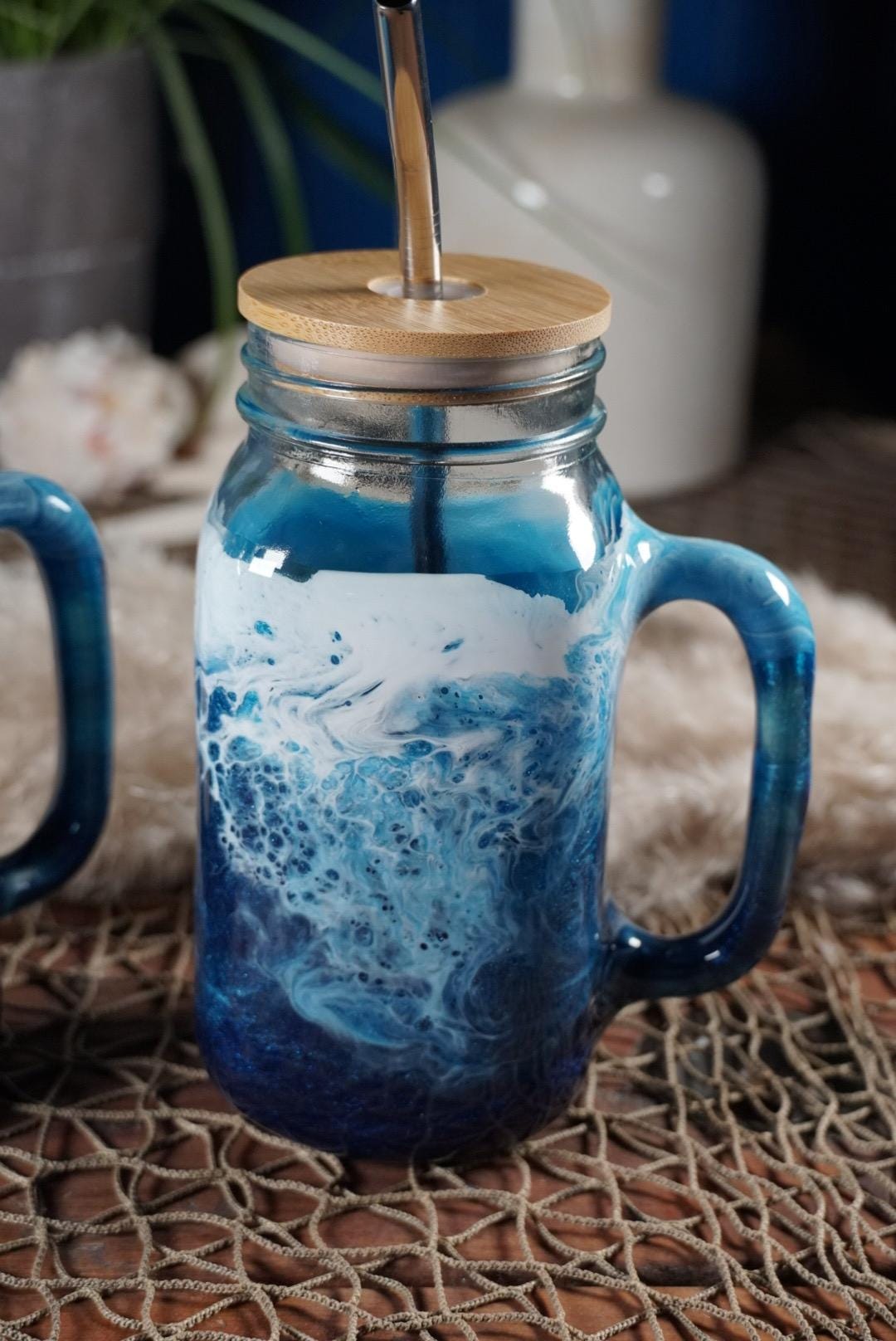 Ocean Waves 24 oz Mason Jar Beverage Glass with handle and bamboo lid with straw | Coastal Decor