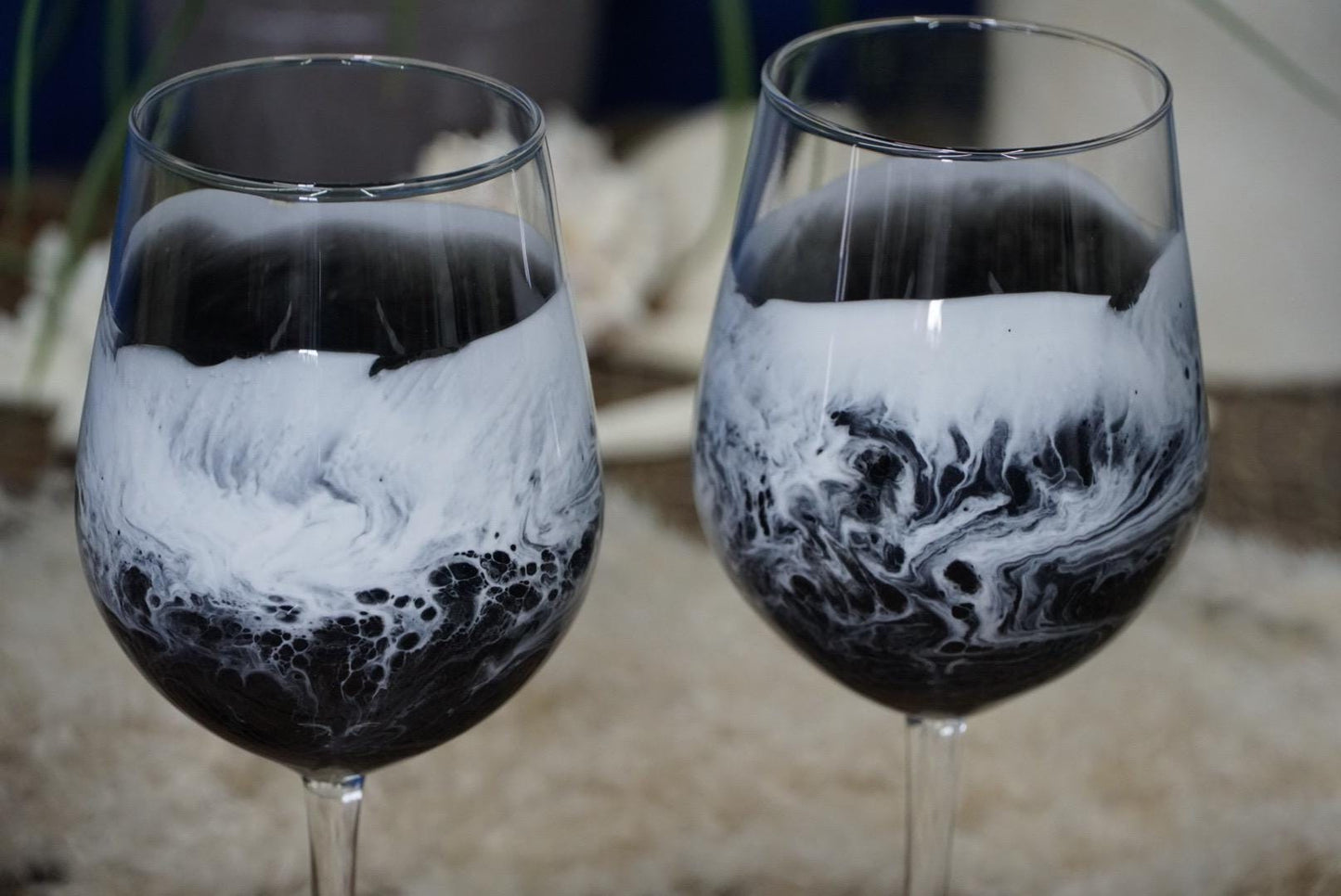 Black with Ocean Waves Wine Glasses | Coastal Decor