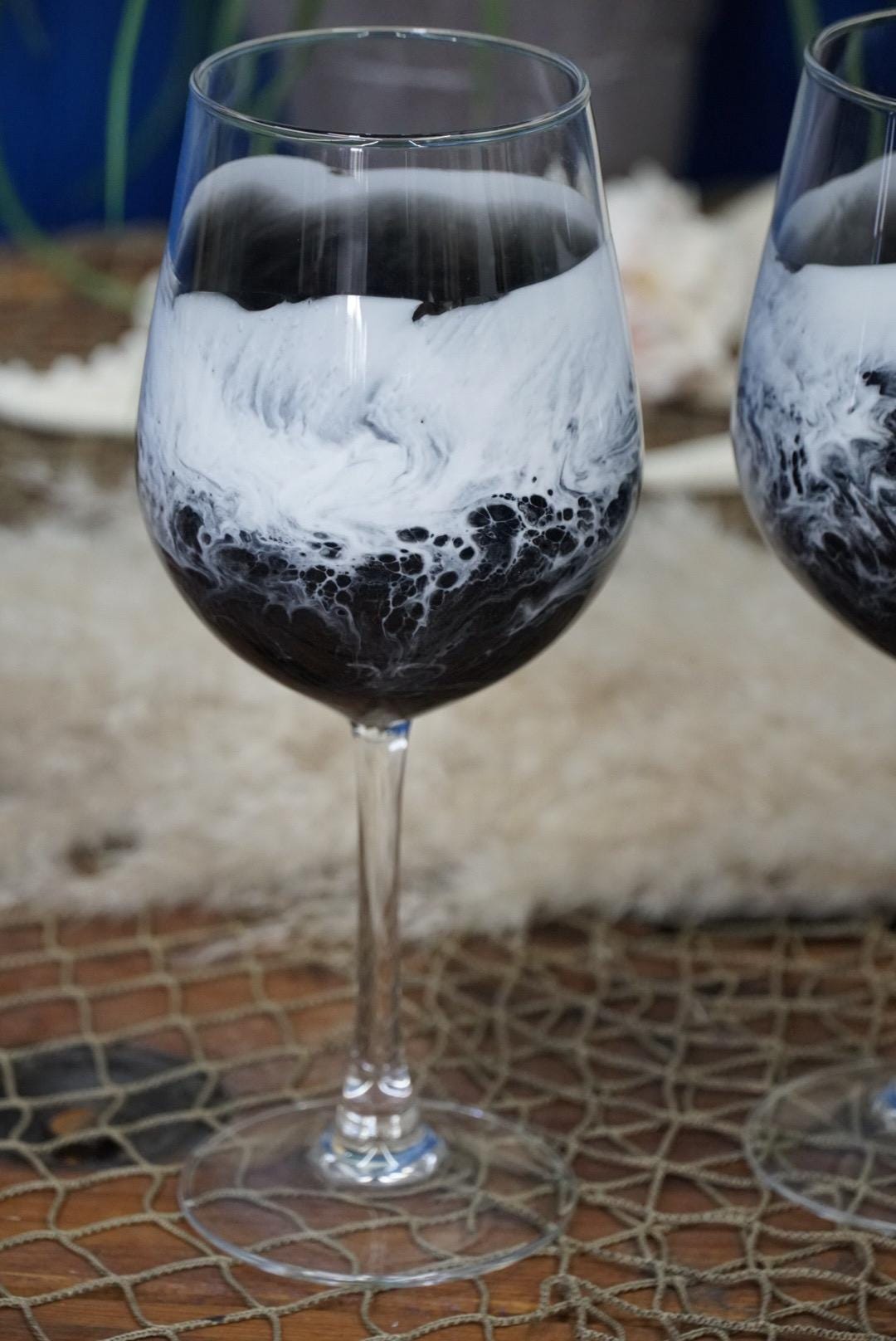 Black with Ocean Waves Wine Glasses | Coastal Decor