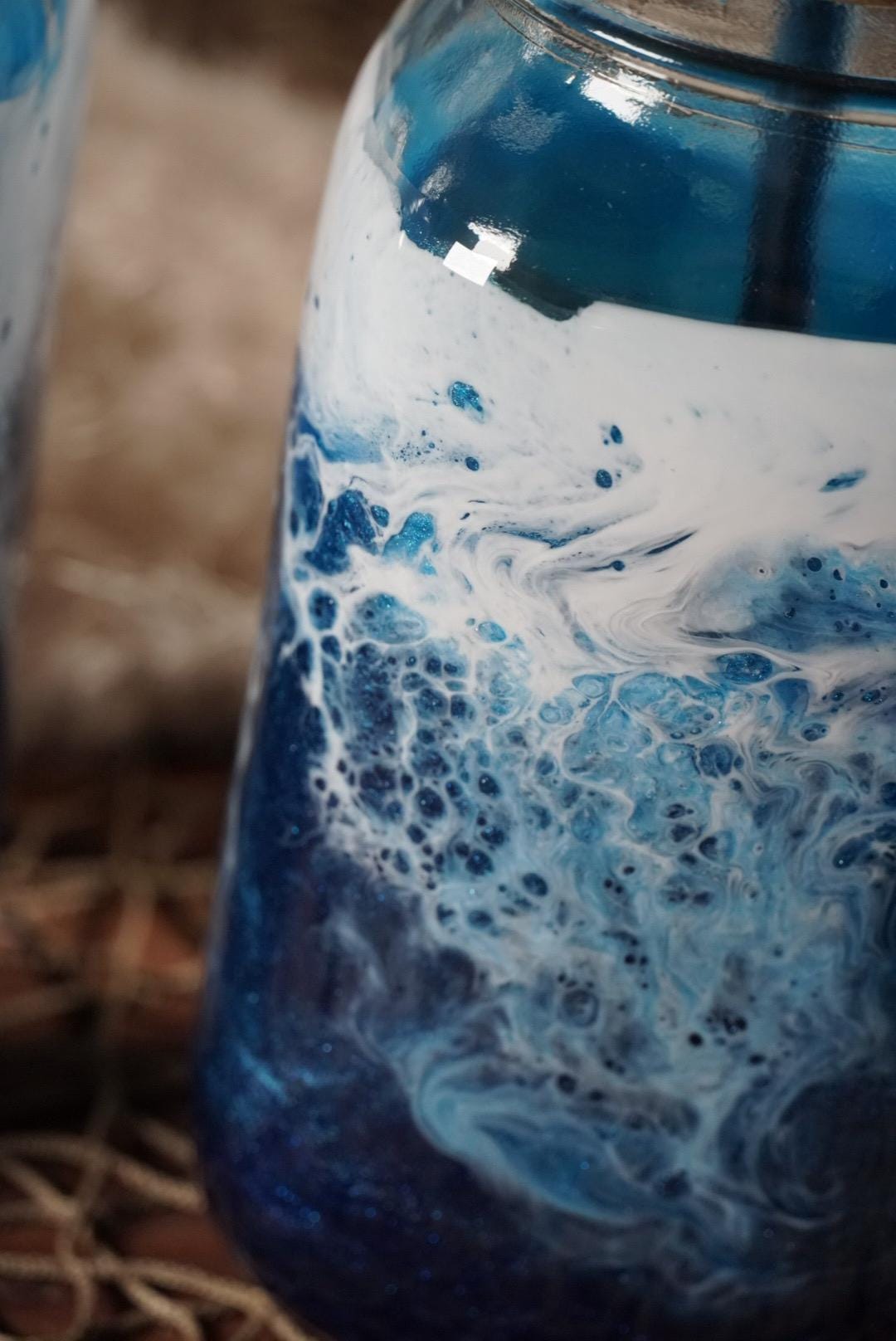 Ocean Waves 24 oz Mason Jar Beverage Glass with handle and bamboo lid with straw |Coastal Decor