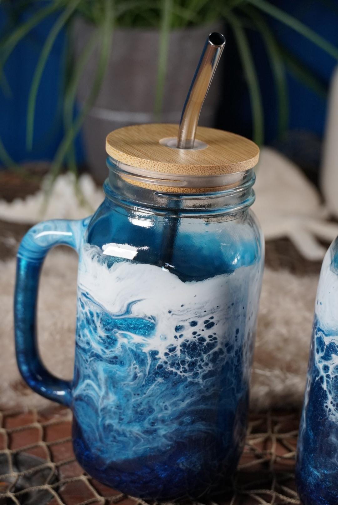 Ocean Waves 24 oz Mason Jar Beverage Glass with handle and bamboo lid with straw |Coastal Decor