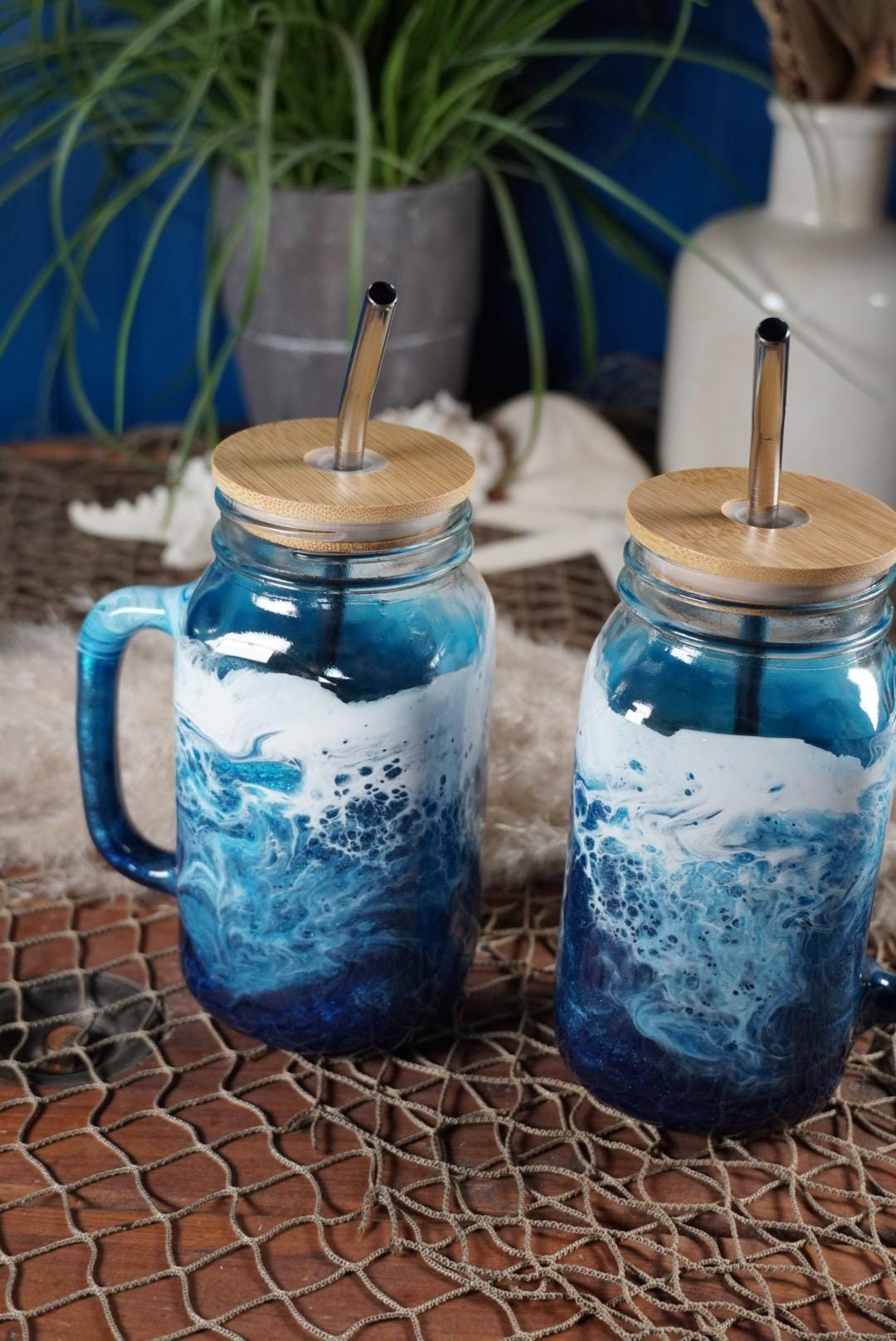 Ocean Waves 24 oz Mason Jar Beverage Glass with handle and bamboo lid with straw | Coastal Decor