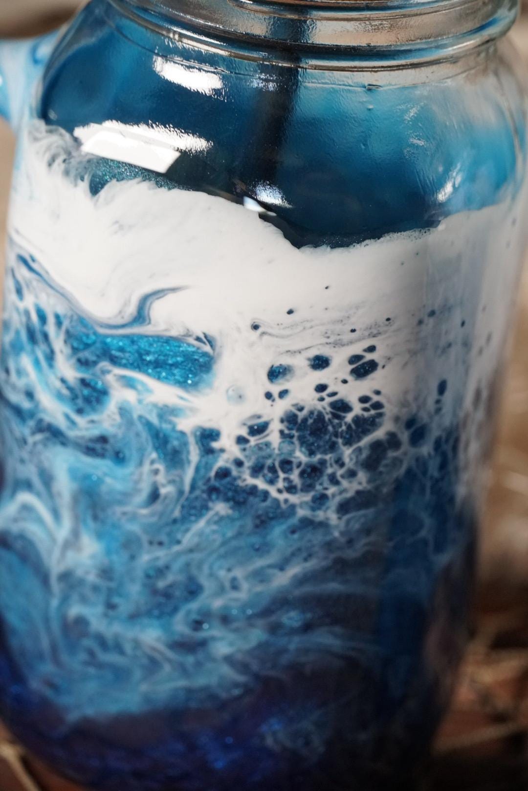 Ocean Waves 24 oz Mason Jar Beverage Glass with handle and bamboo lid with straw |Coastal Decor