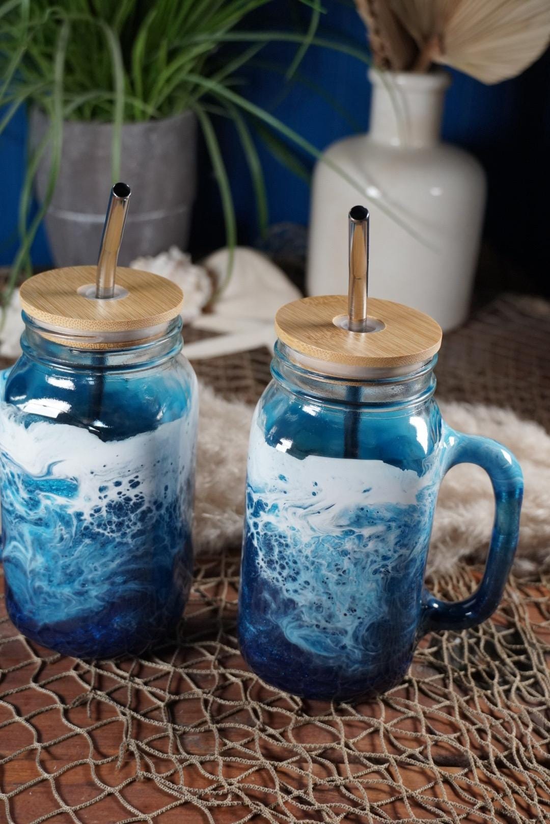 Ocean Waves 24 oz Mason Jar Beverage Glass with handle and bamboo lid with straw | Coastal Decor