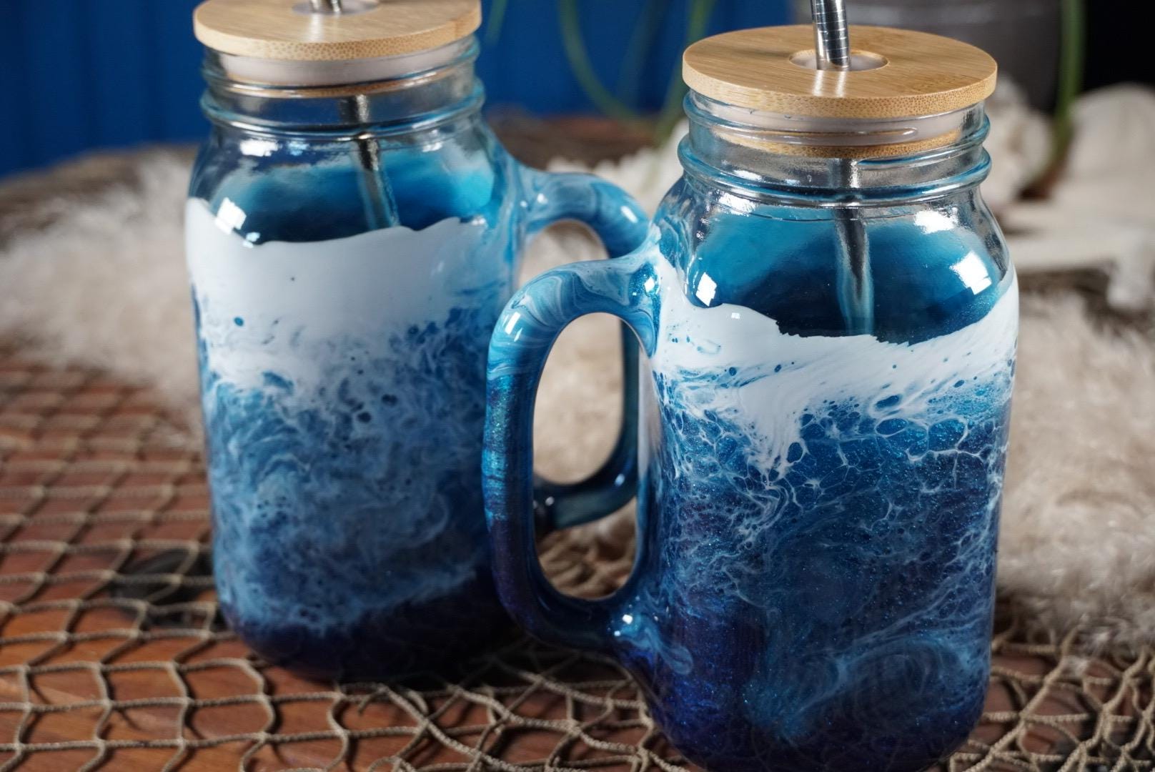Ocean Waves 24 oz Mason Jar Beverage Glass with handle and bamboo lid with straw | Coastal Decor