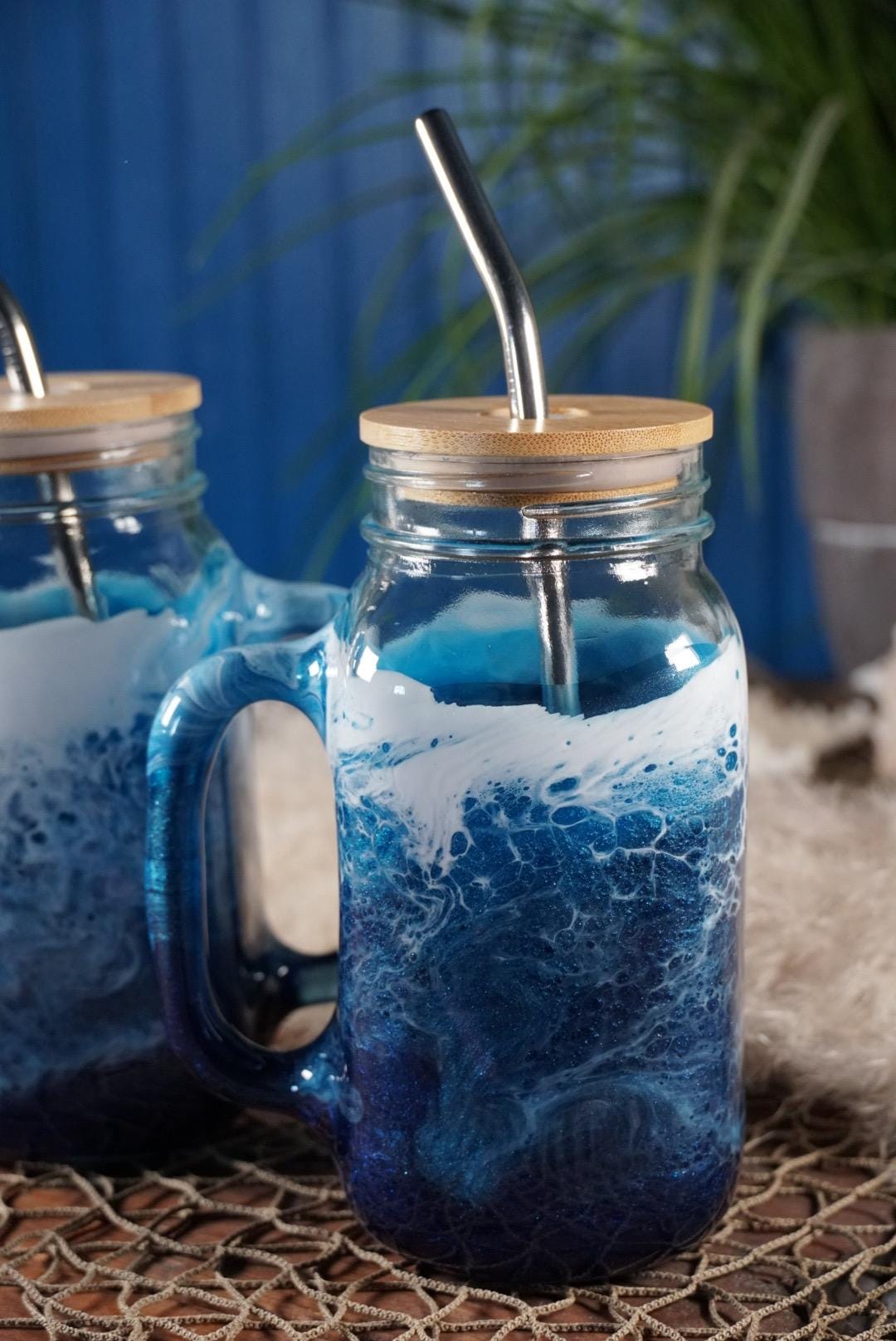 Ocean Waves 24 oz Mason Jar Beverage Glass with handle and bamboo lid with straw |Coastal Decor
