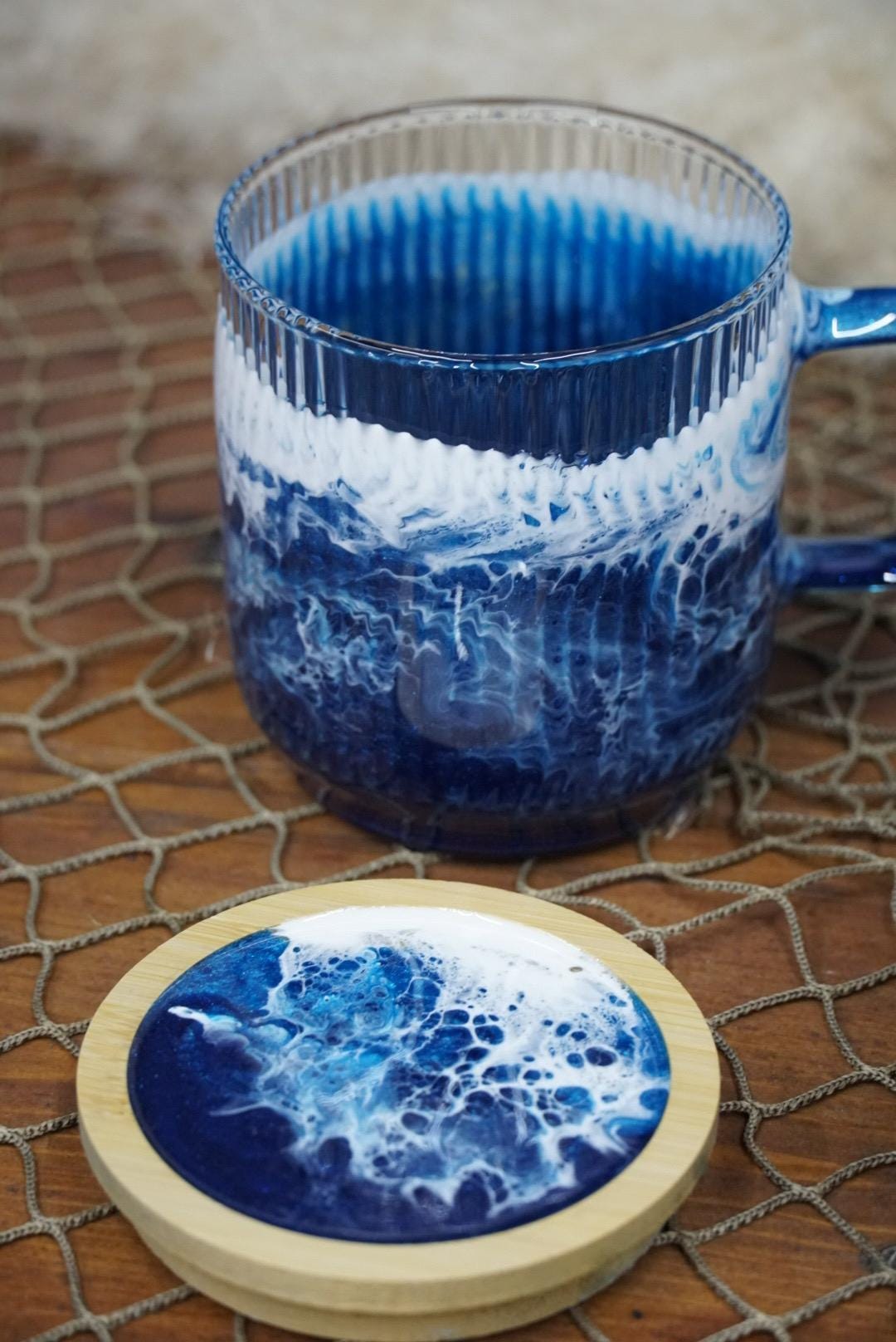 Ocean Waves Coffee Cup Set with Coaster Lids | Coastal Decor