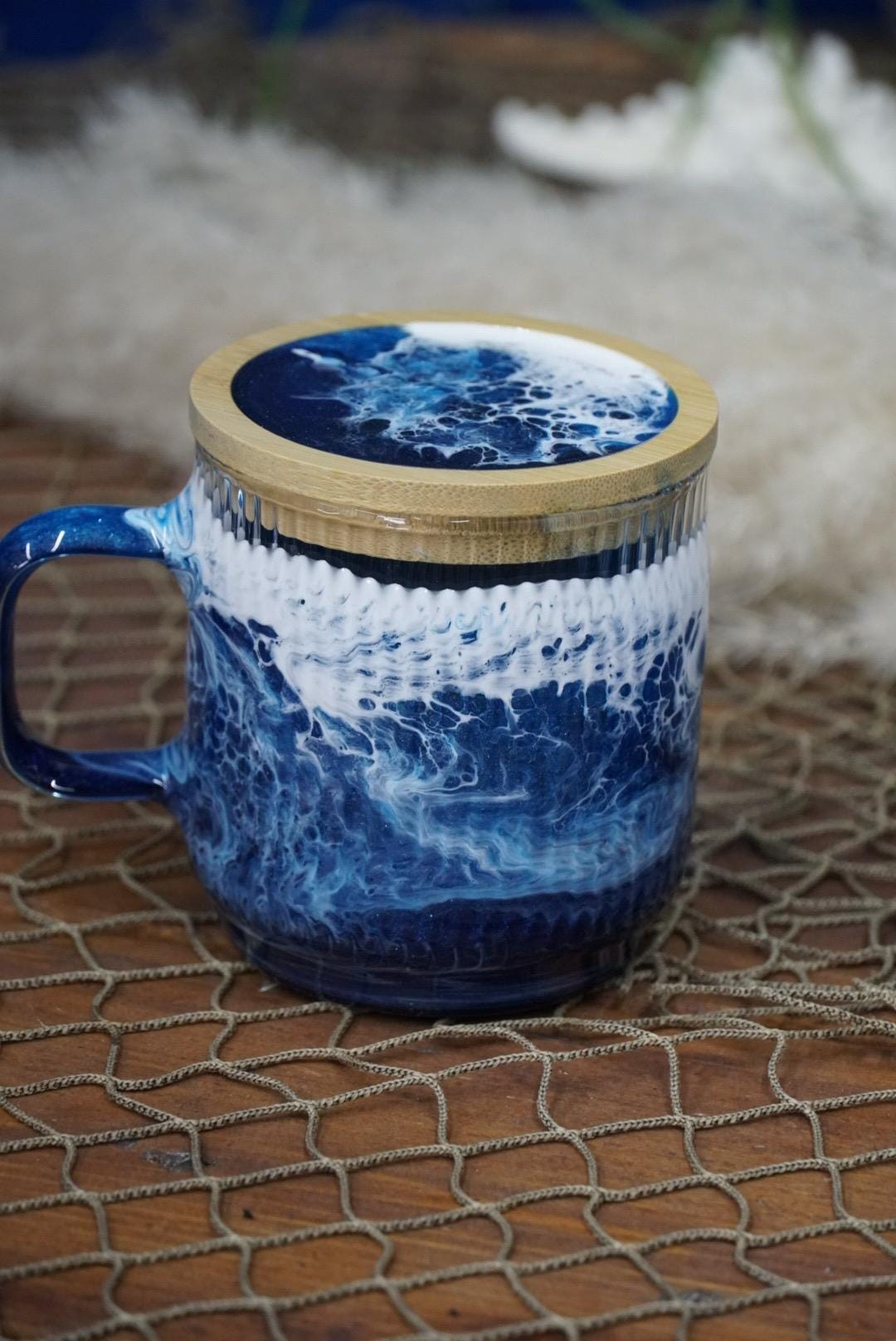 Ocean Waves Coffee Cup Set with Coaster Lids | Coastal Decor